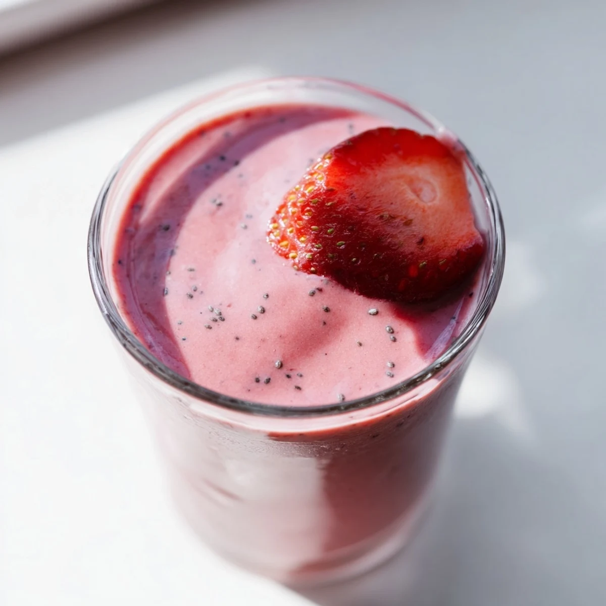 Thick creamy strawberry smoothie with Greek yogurt poured into tall glasses garnished with fresh strawberry slices