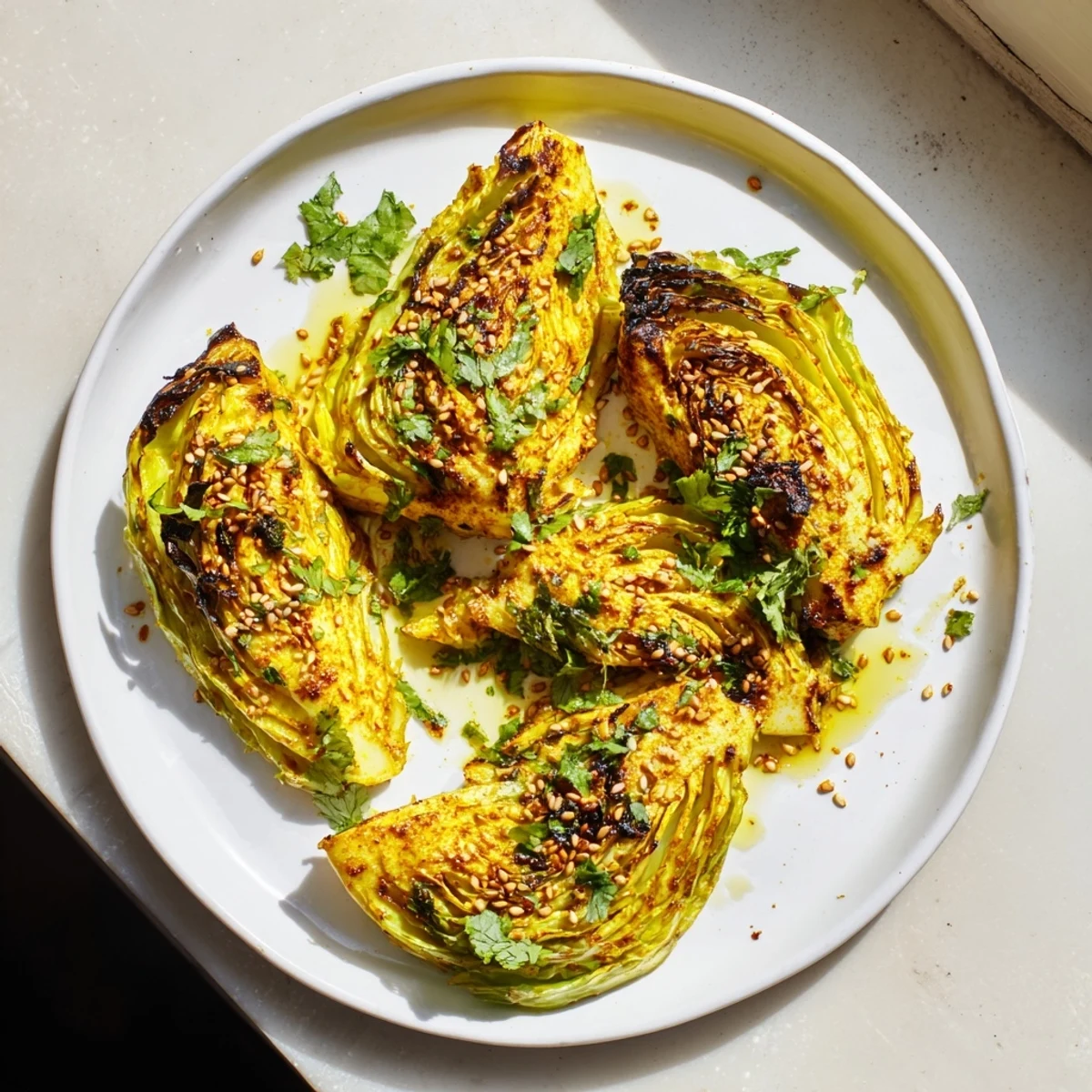 Vegan roasted curry cabbage garnished with fresh cilantro and toasted sesame seeds