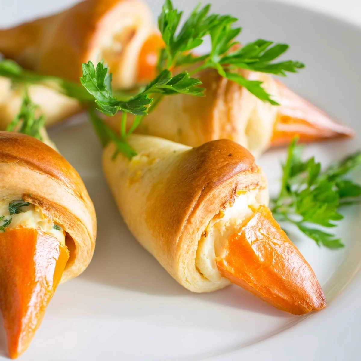 Golden stuffed crescent roll carrots arranged on serving platter with fresh parsley sprigs