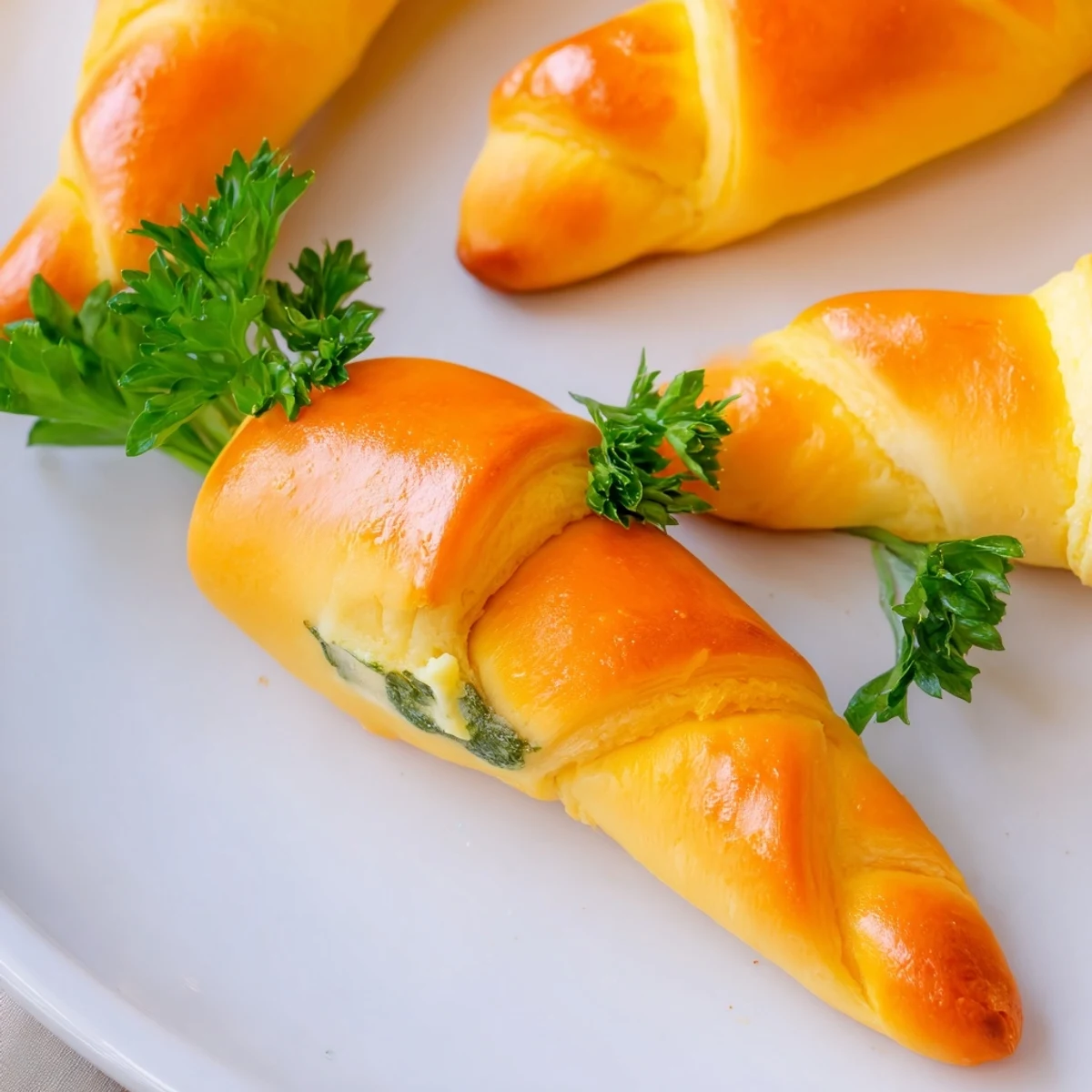 Baked orange pastry carrots stuffed with savory cheese and chopped fresh chives and dill