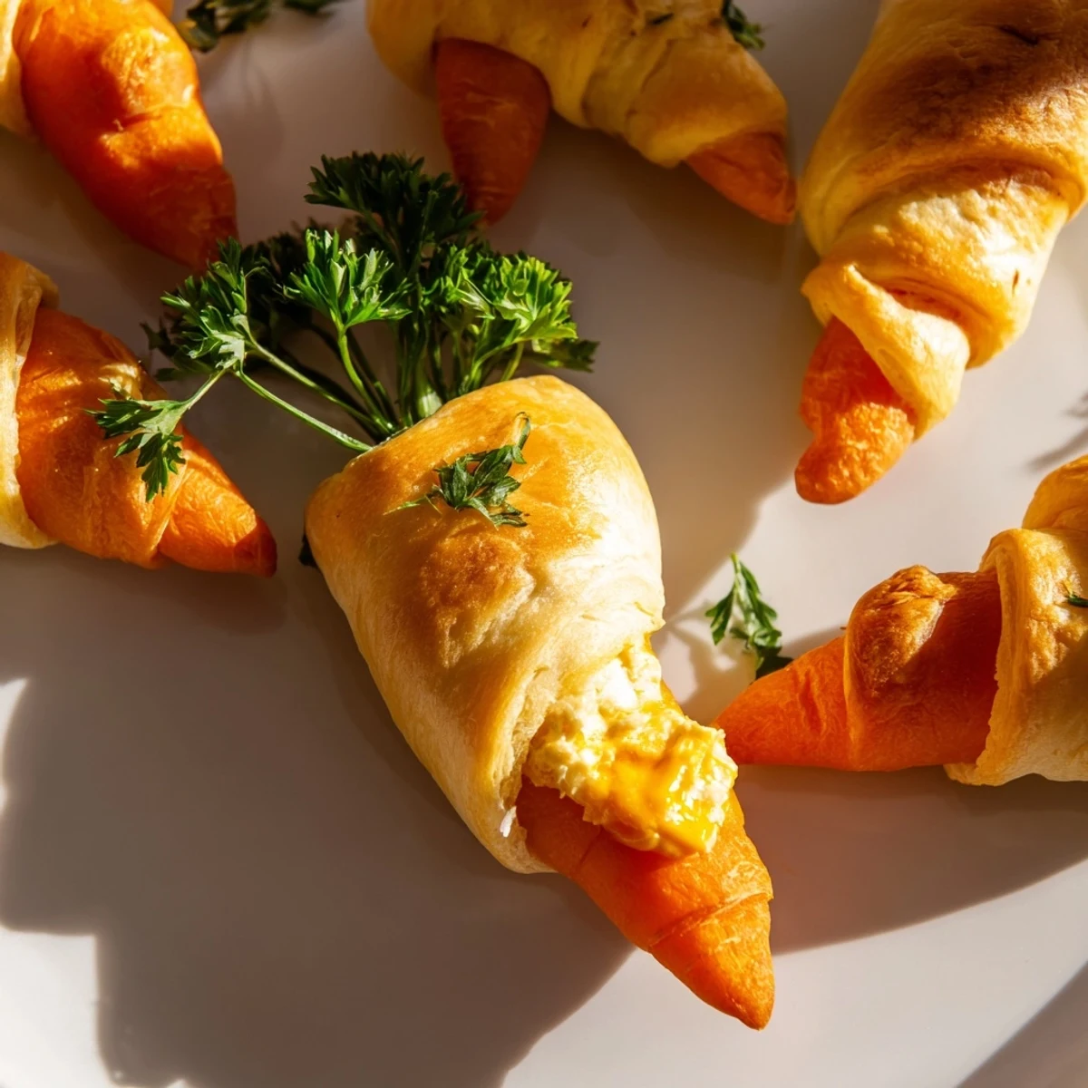 Creamy herb-filled crescent carrots shaped like vegetables ready for Easter spring celebration appetizer