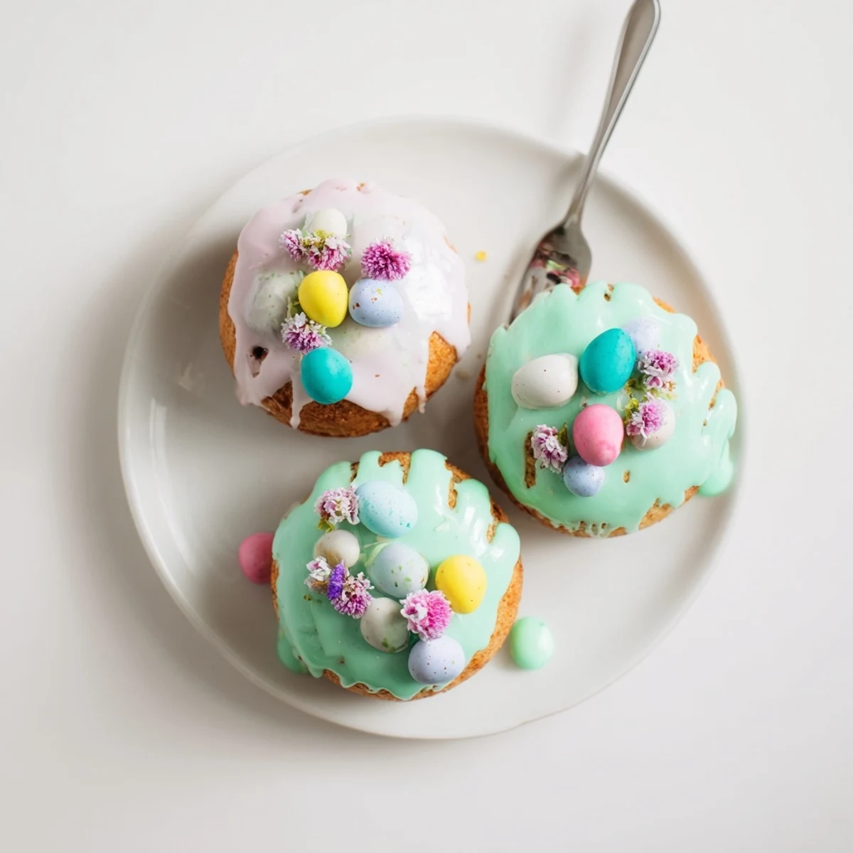 Pastel frosted mini Easter cakes topped with colorful chocolate eggs on a white serving plate