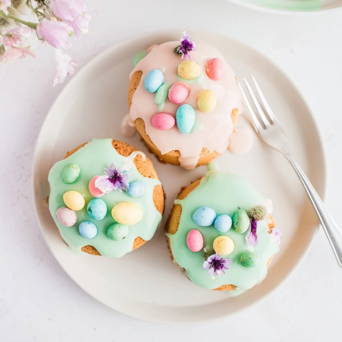Fluffy sponge mini Easter cakes drizzled with pastel icing and festive sprinkles for spring celebrations