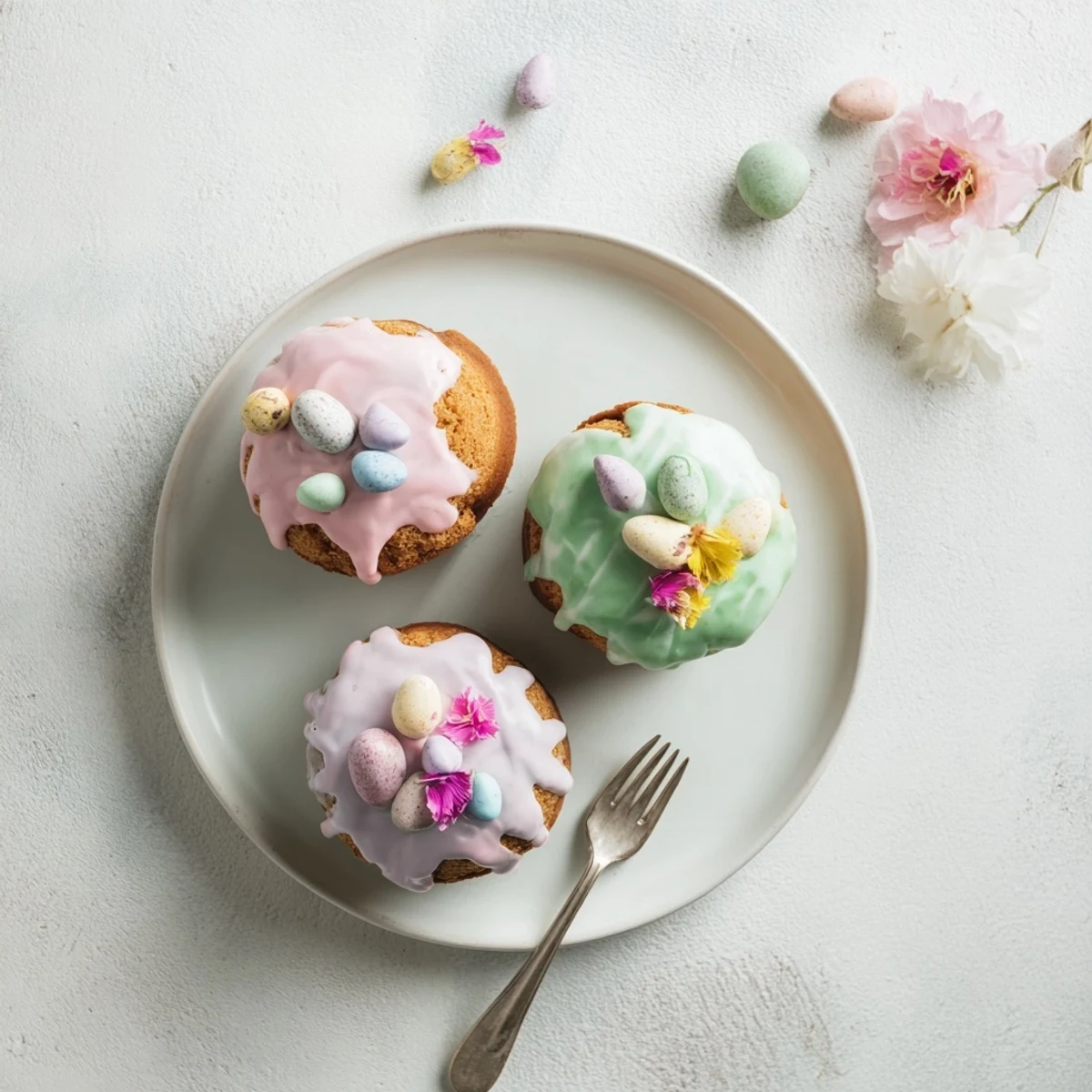 Decorative mini Easter cakes with smooth colored glaze and edible flowers arranged on cake stand