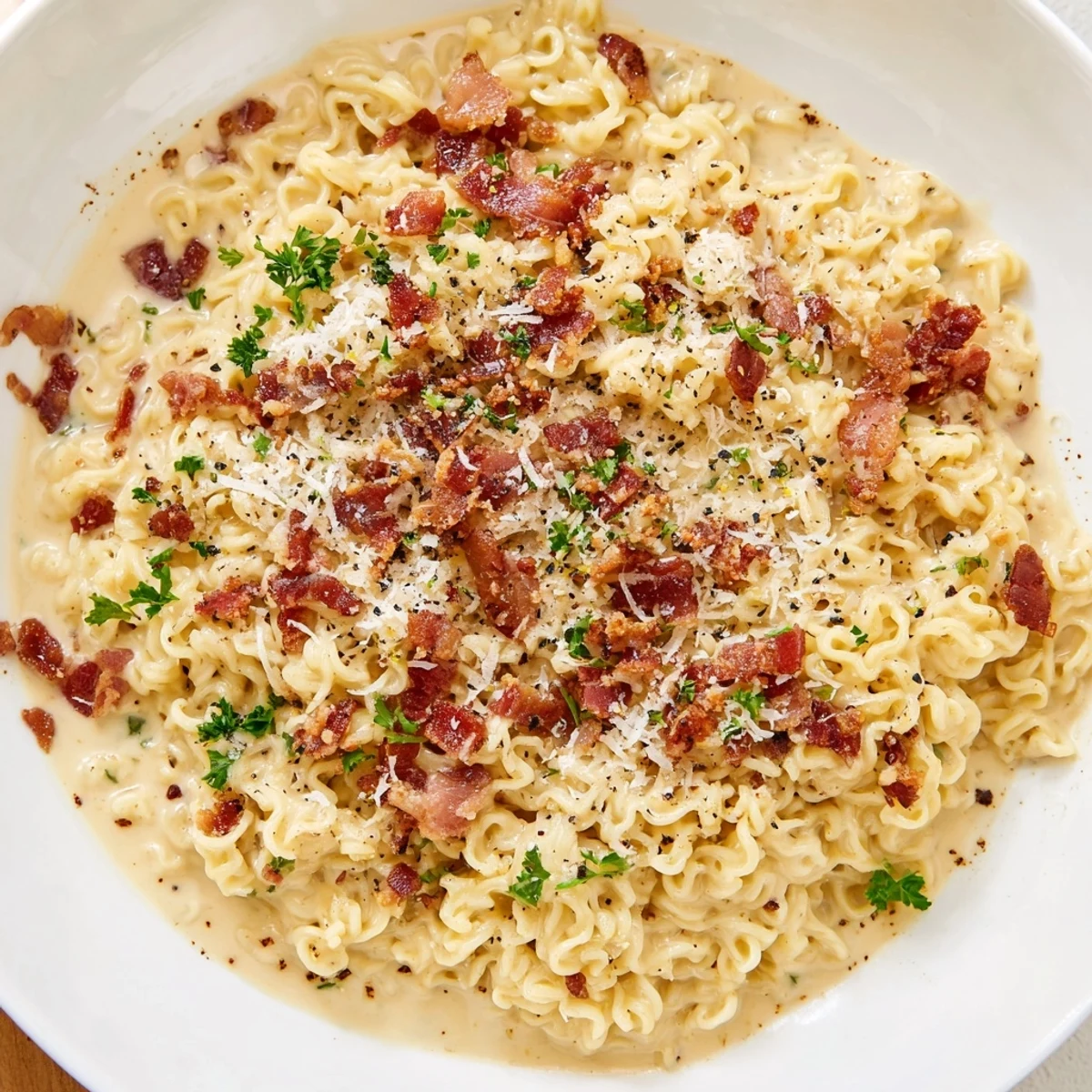 Creamy carbonara ramen noodles tossed with savory bacon and freshly grated parmesan cheese