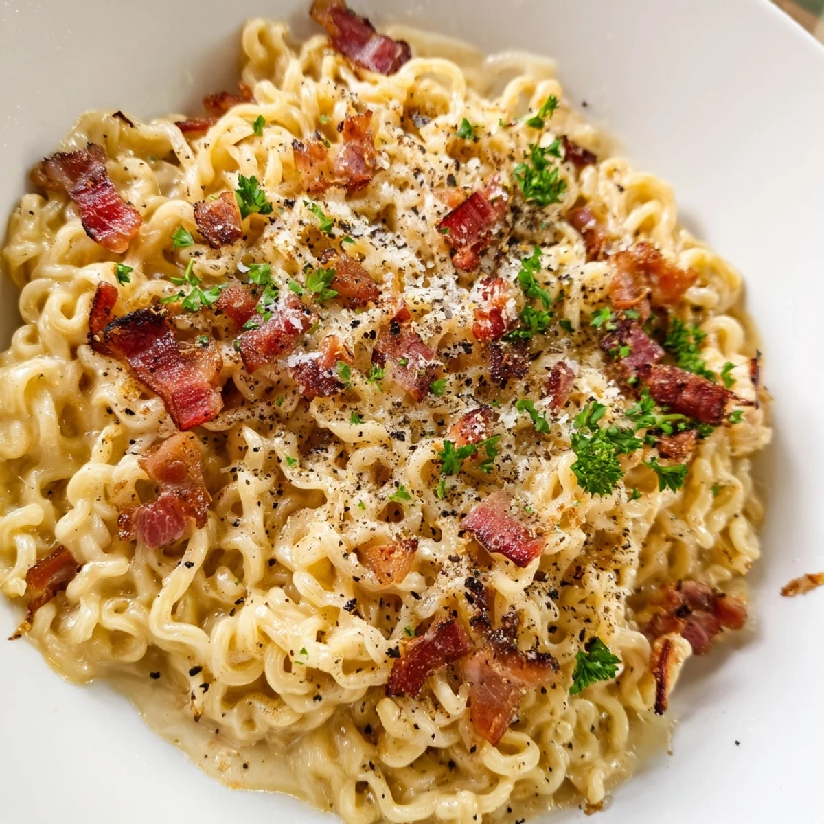 Golden ramen carbonara tangled in silky parmesan egg sauce topped with crispy bacon pieces
