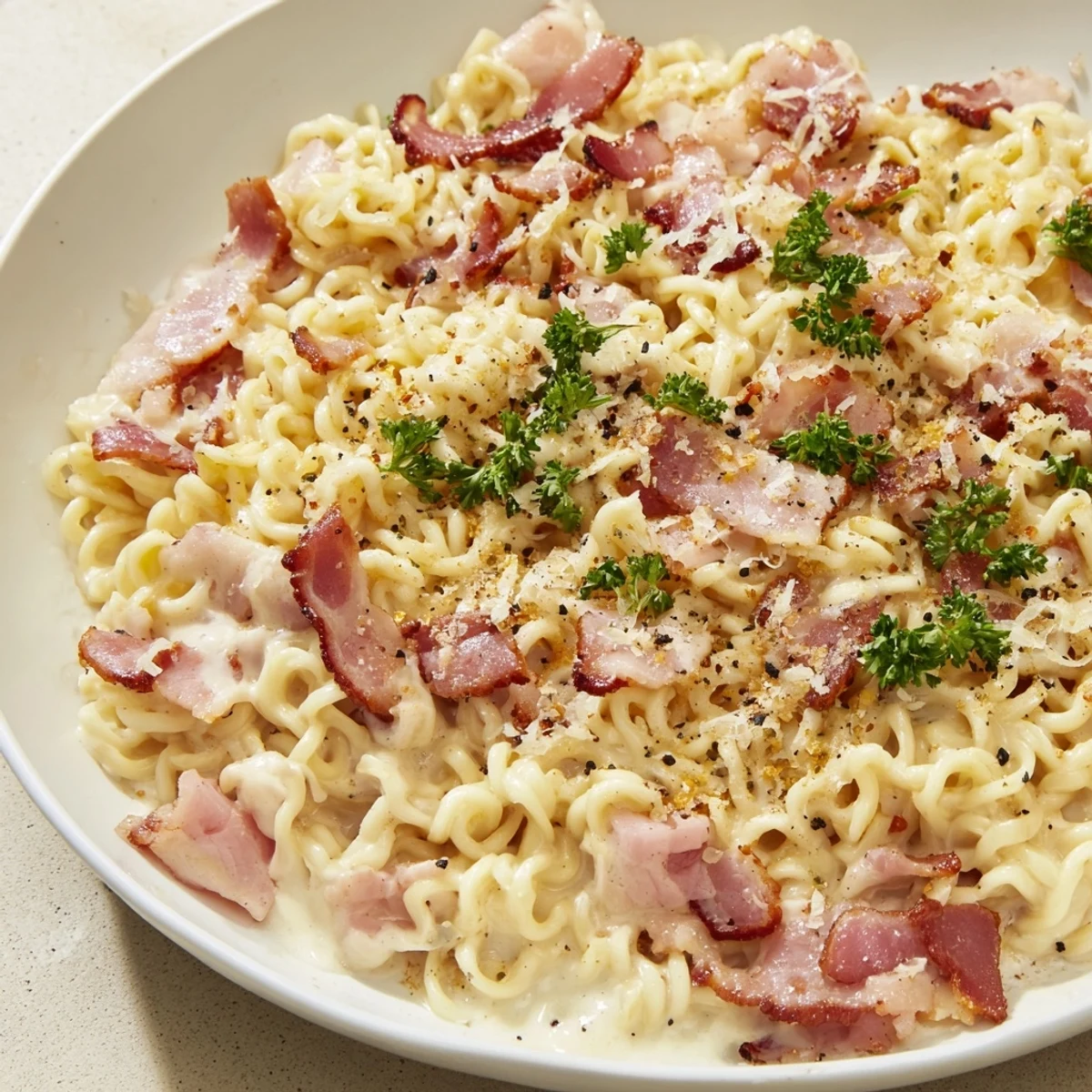 Steaming bowl of ramen carbonara featuring glossy egg-coated noodles and crunchy pancetta garnish
