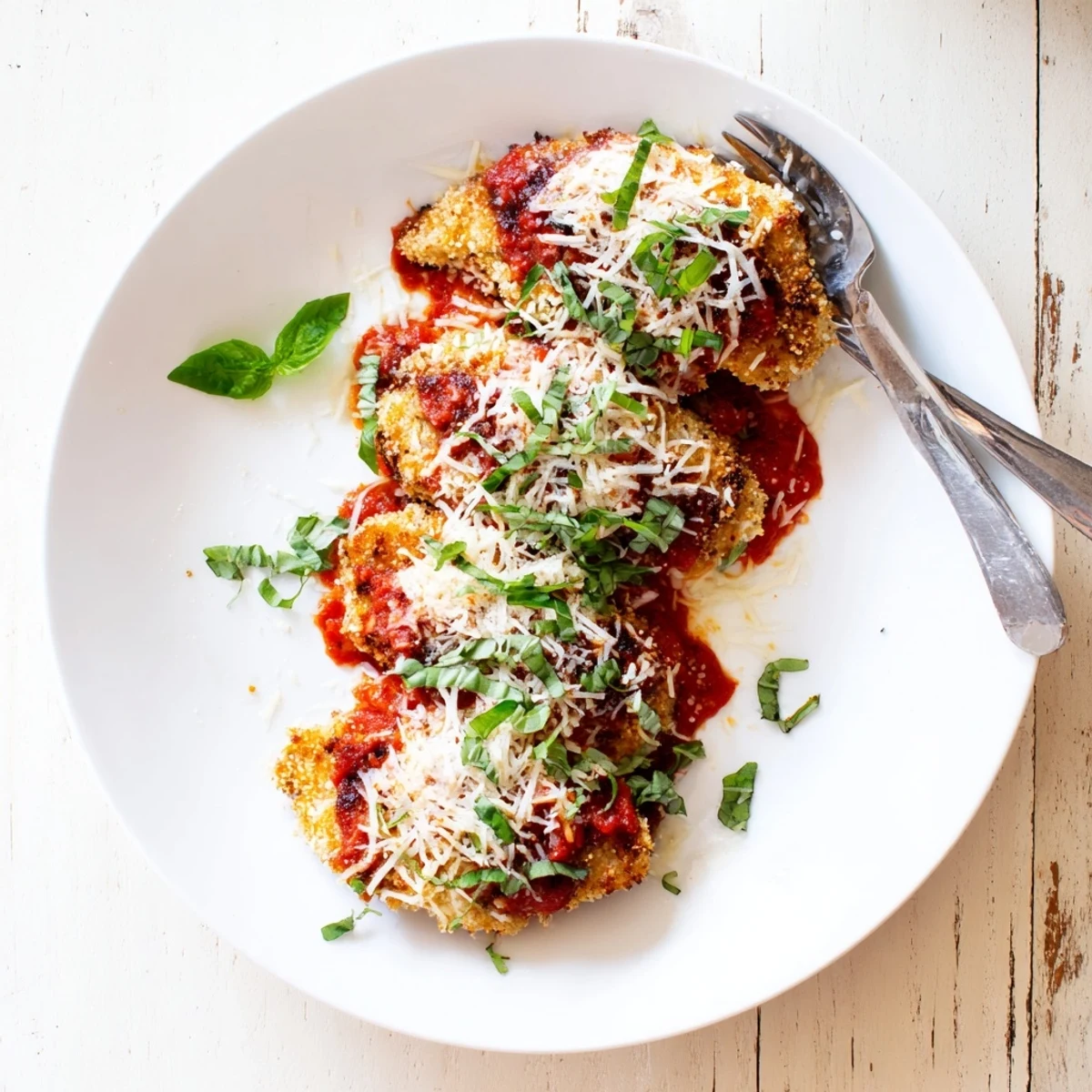 Golden brown low carb chicken Parmigiana topped with bubbling mozzarella and vibrant marinara sauce