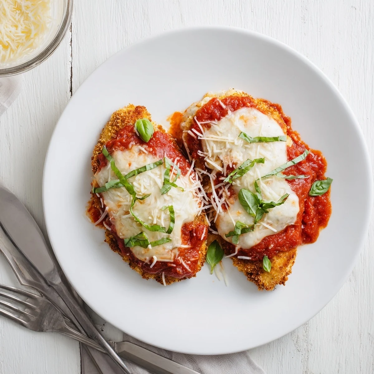 Crispy almond flour crusted chicken Parmigiana baked to perfection with melted cheese and fresh basil