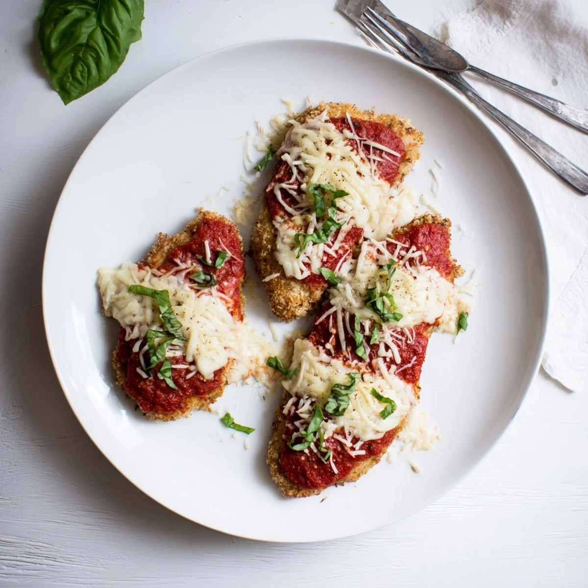 Gluten-free chicken Parmigiana with juicy meat beneath rich tomato sauce and gooey mozzarella topping
