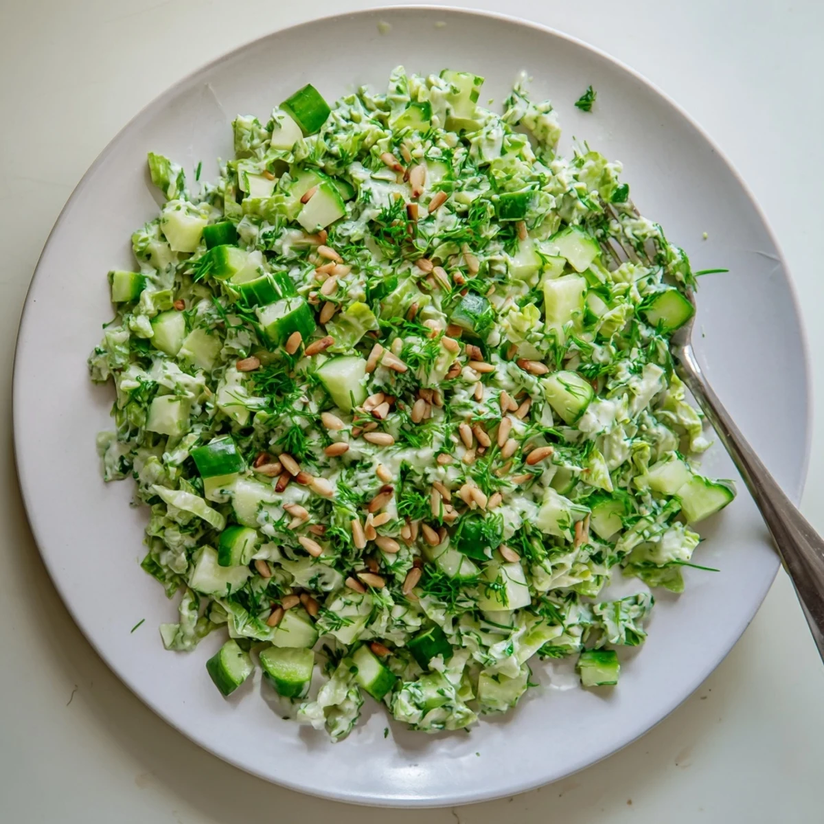 Fresh Green Goddess Salad plated with roasted seeds and tangy yogurt dressing over green cabbage and herbs