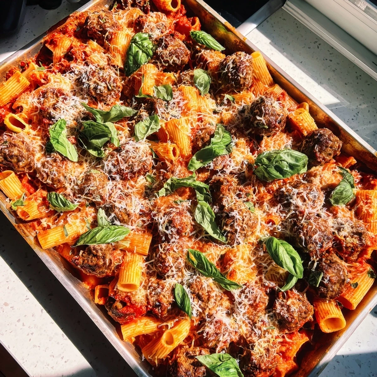 Tender homemade meatballs nestled in cheesy penne Italian meatball pasta bake casserole