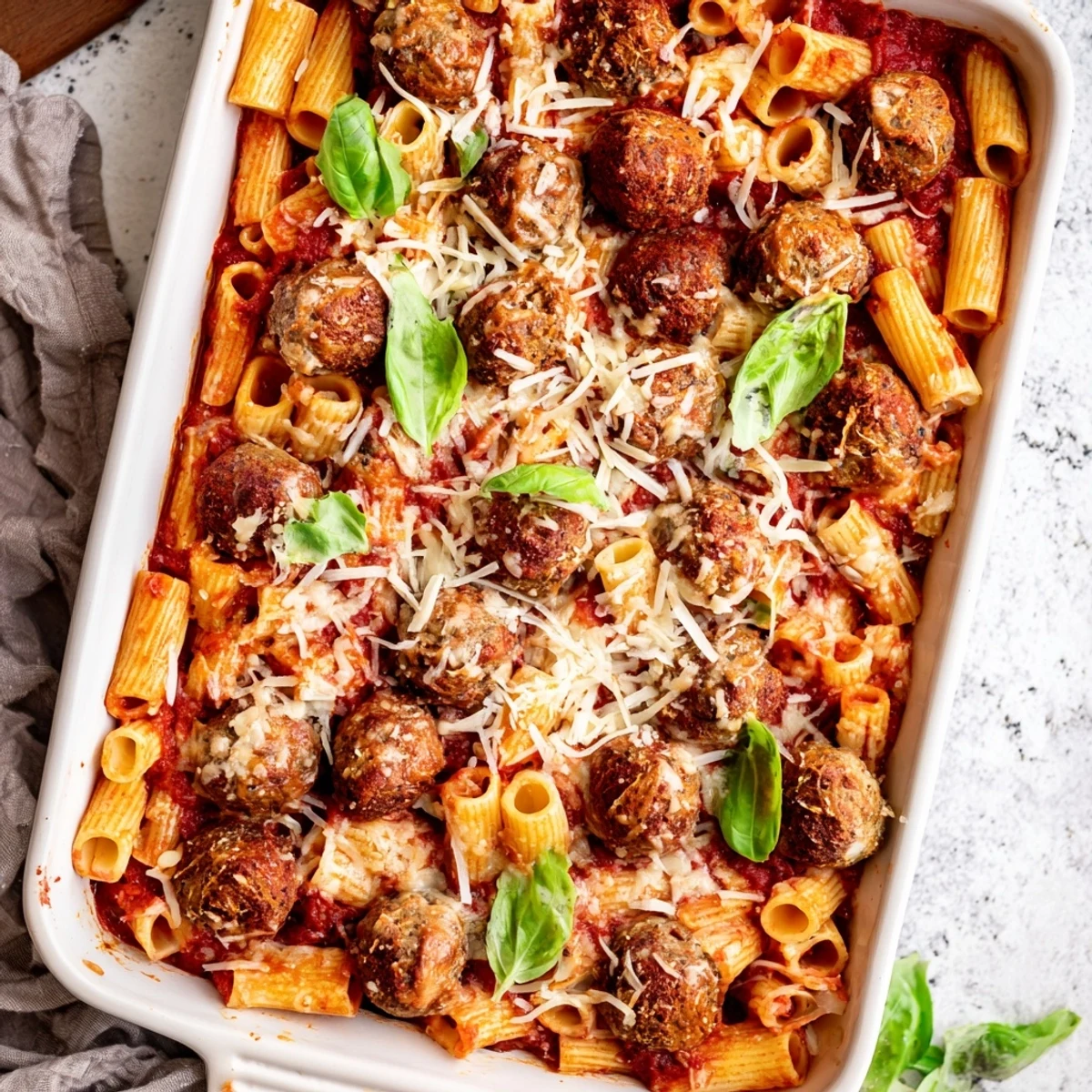 Bubbling tomato sauce and melted cheese cover Italian meatball pasta bake in dish