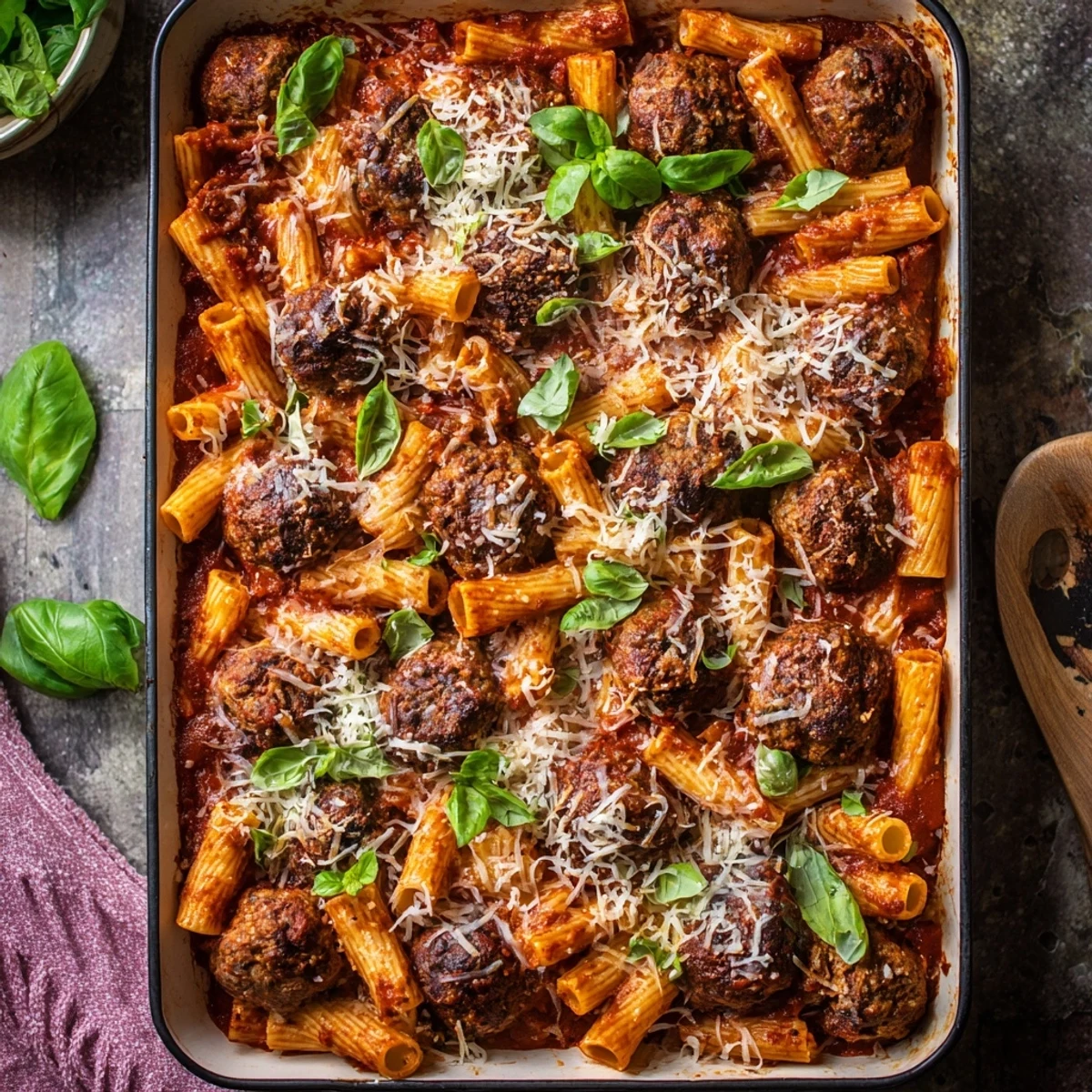 Golden melted mozzarella tops bubbling Italian meatball pasta bake with fresh basil garnish