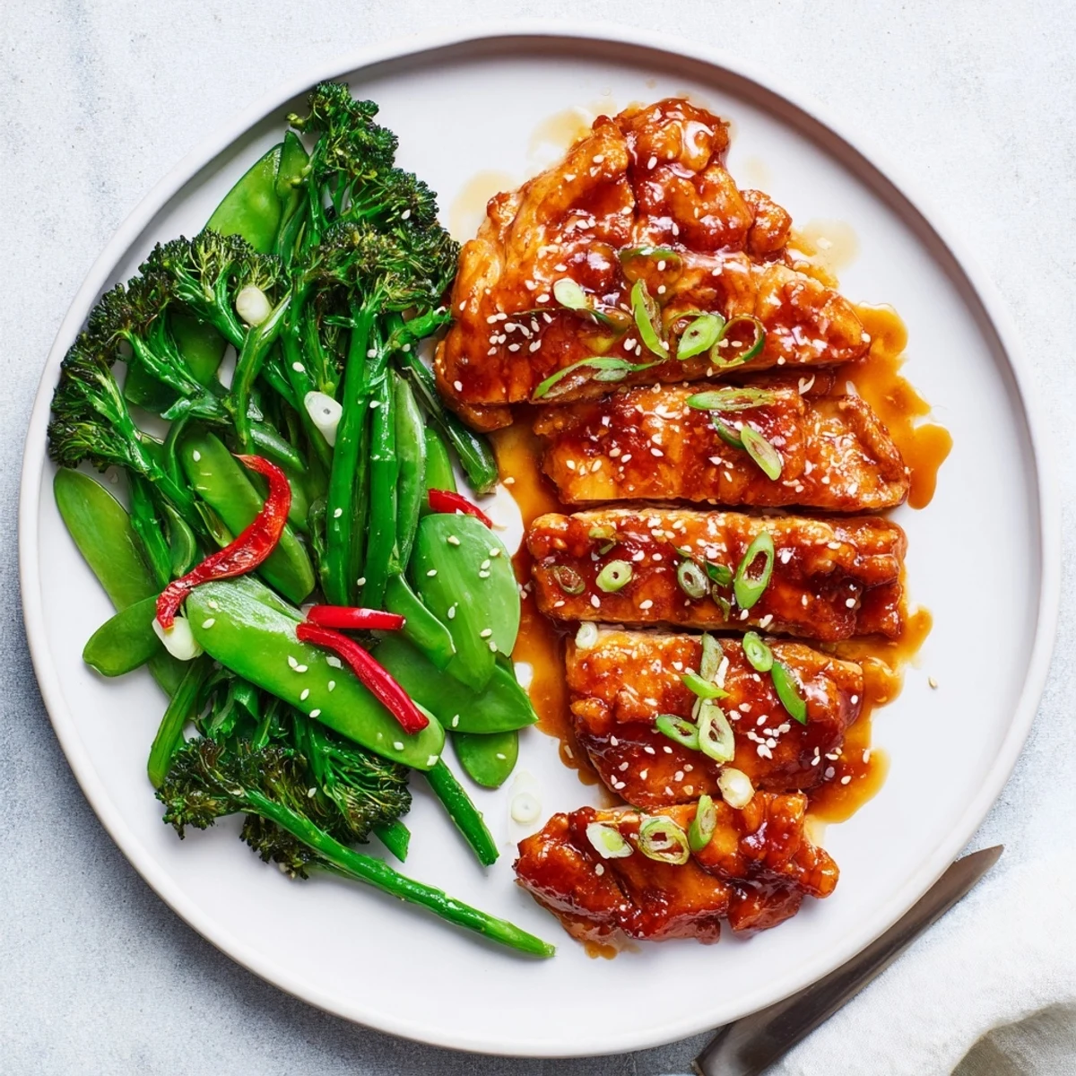 Caramelized sticky orange chicken with fresh ginger arranged over spicy chili greens garnished with sesame seeds