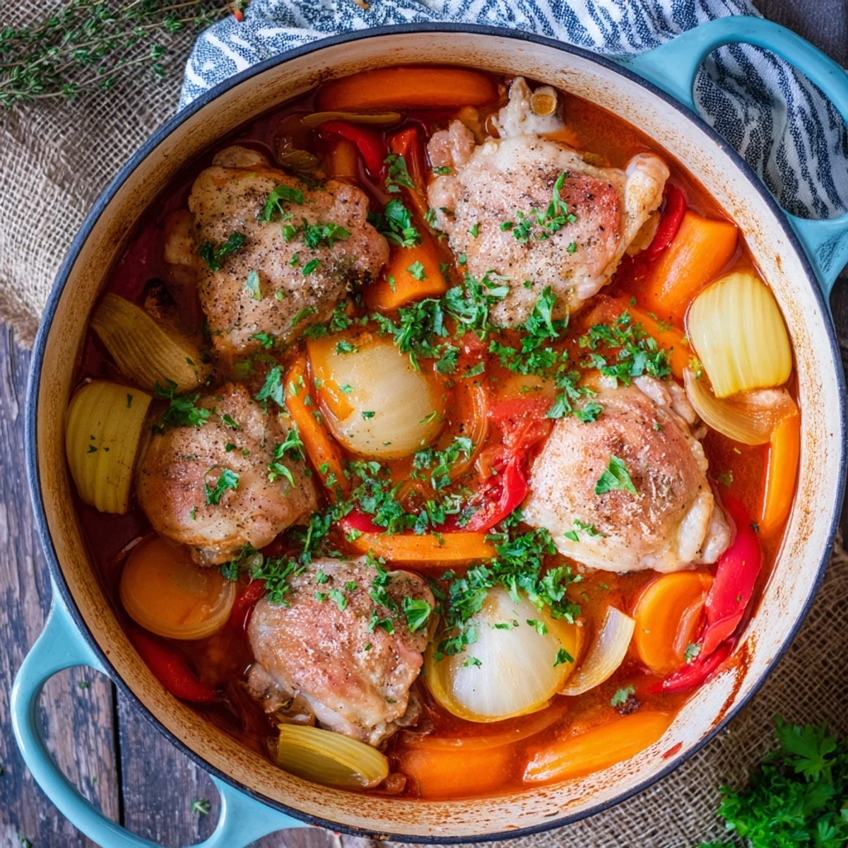 Tender Italian braised one pot chicken simmering with carrots, celery, bell pepper and aromatic herbs