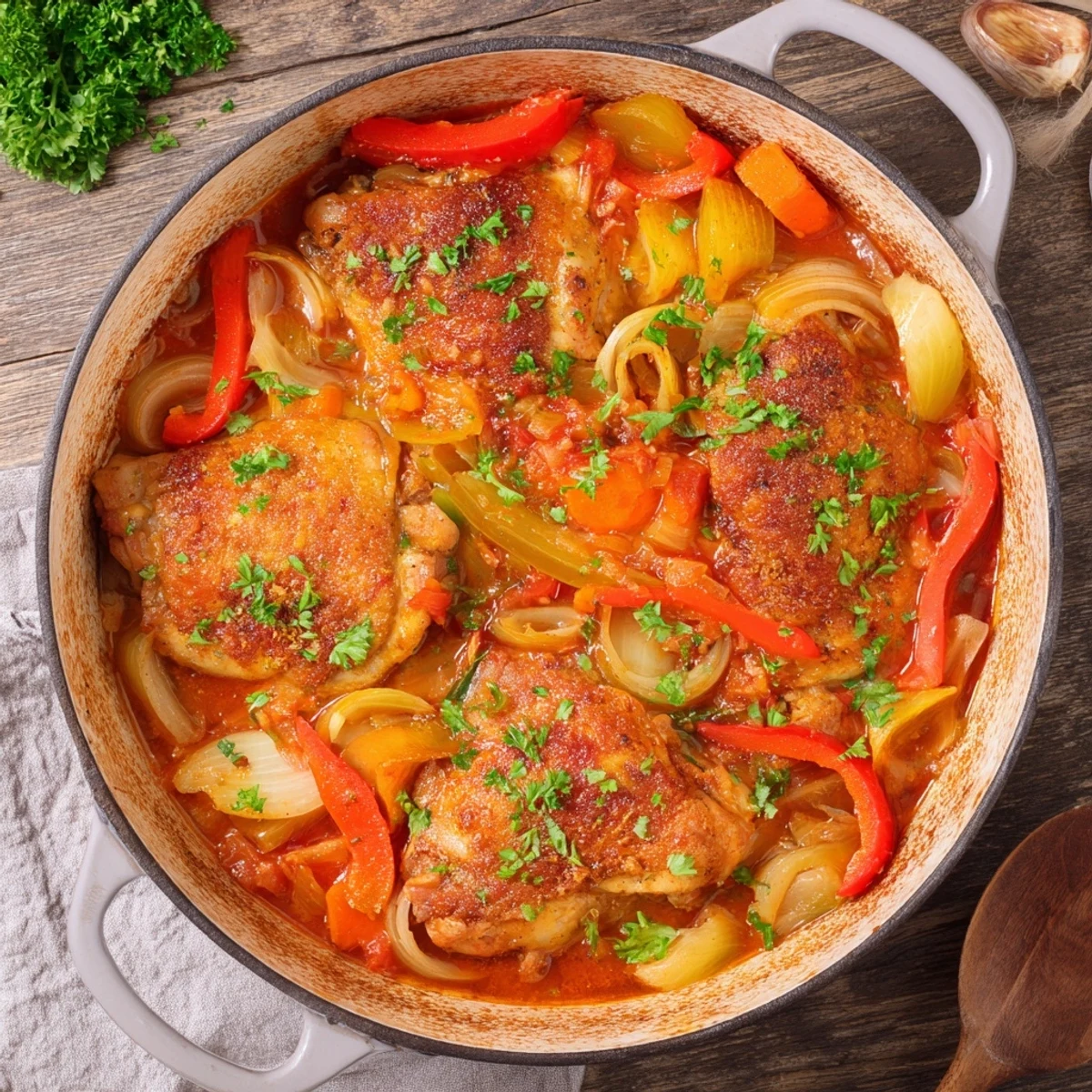 Golden seared chicken thighs nestled in a rustic tomato sauce with colorful vegetables and fresh parsley
