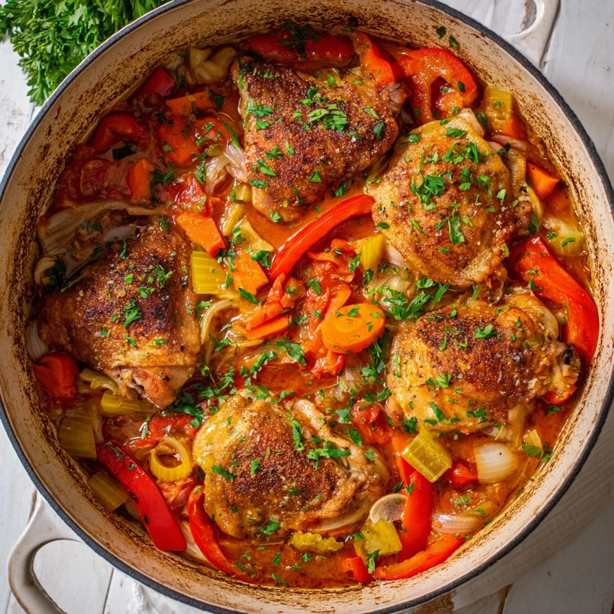 Comforting one pot meal featuring juicy chicken in a rich tomato broth garnished with green parsley