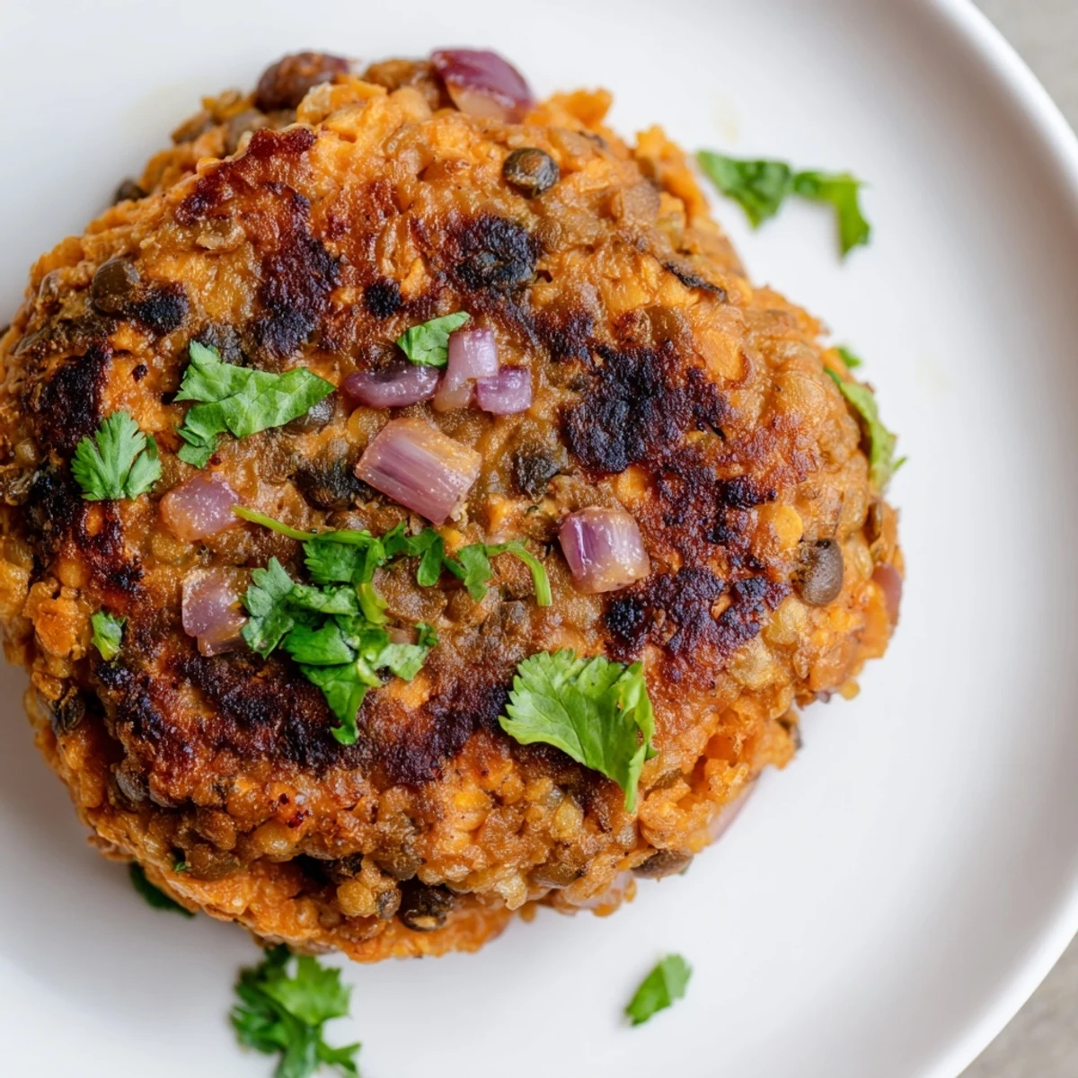 Golden brown sweet potato patties with lentils served on a white plate with fresh herbs