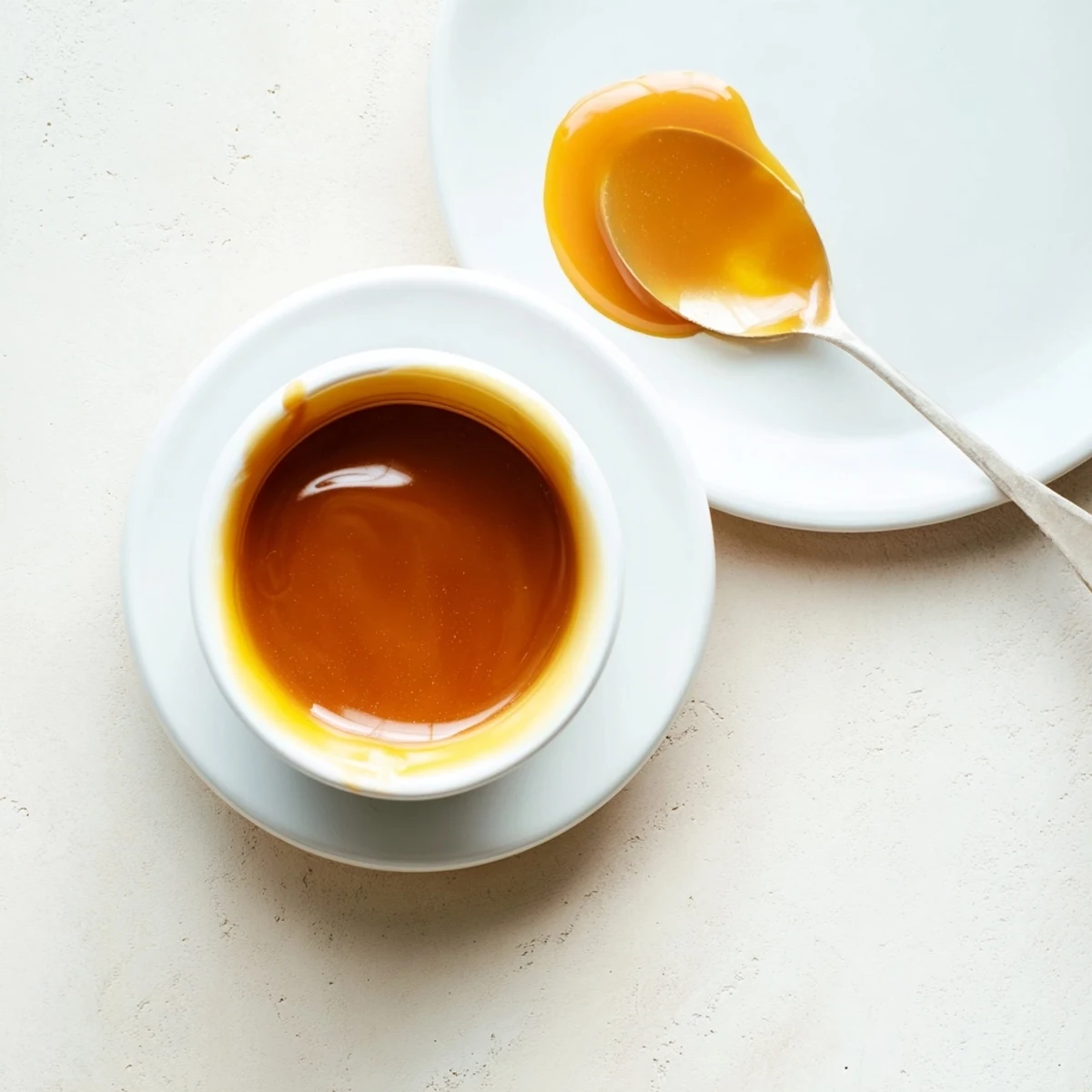 Golden easy caramel sauce slowly drizzled from a spoon over creamy vanilla ice cream