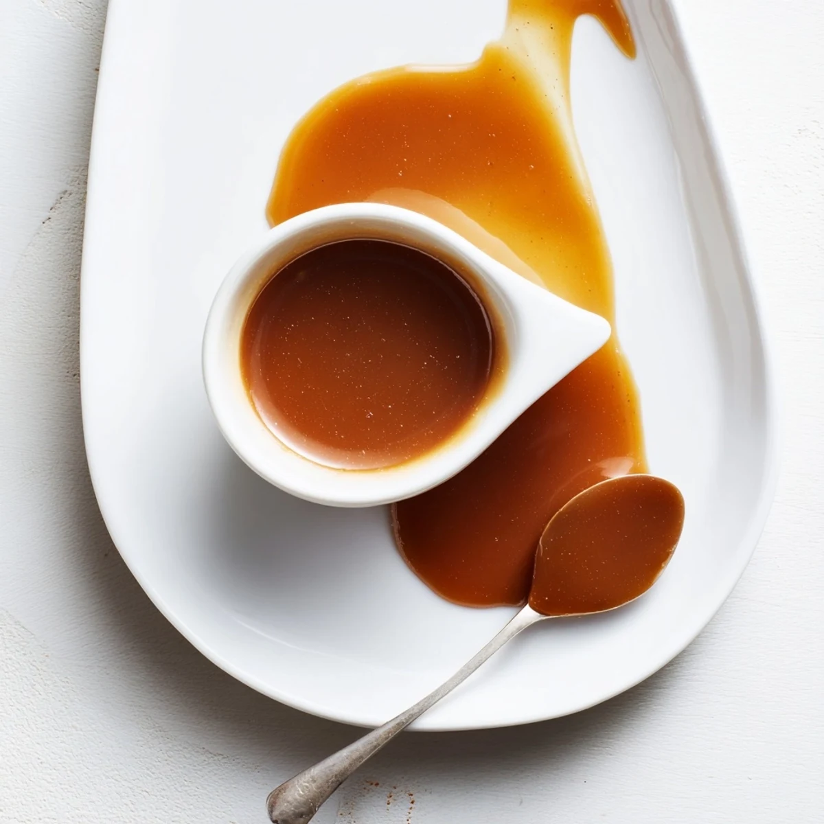 Rich amber easy caramel sauce pooled in a glass jar with a shiny surface