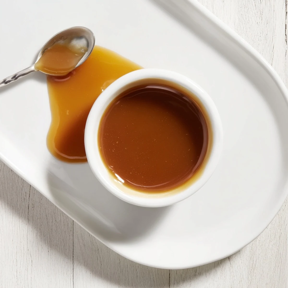 Silky homemade easy caramel sauce being poured generously over a stack of warm pancakes