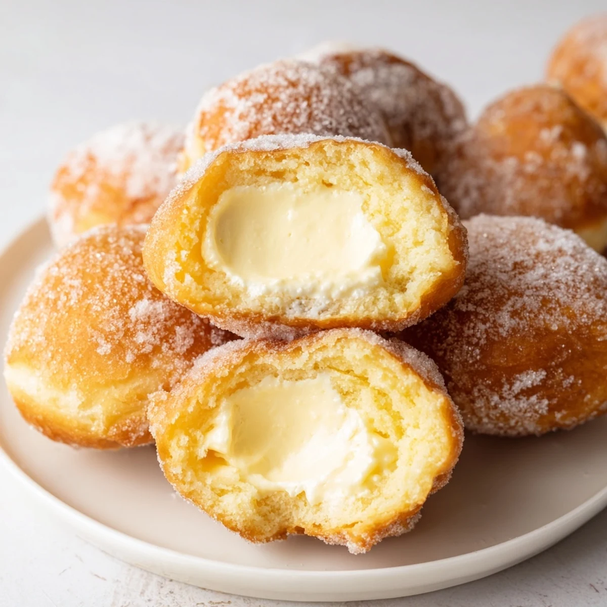 Golden Italian bomboloni alla cream dusted with sugar on a white serving plate