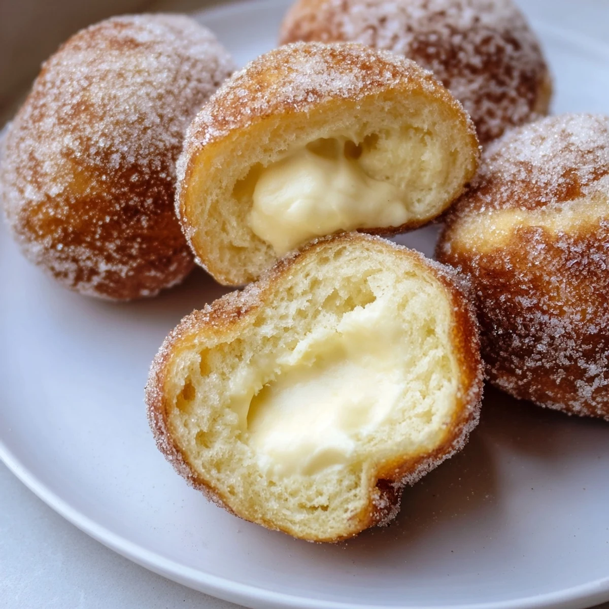Fresh fried bomboloni alla crema filled with rich vanilla pastry cream and sugar coating