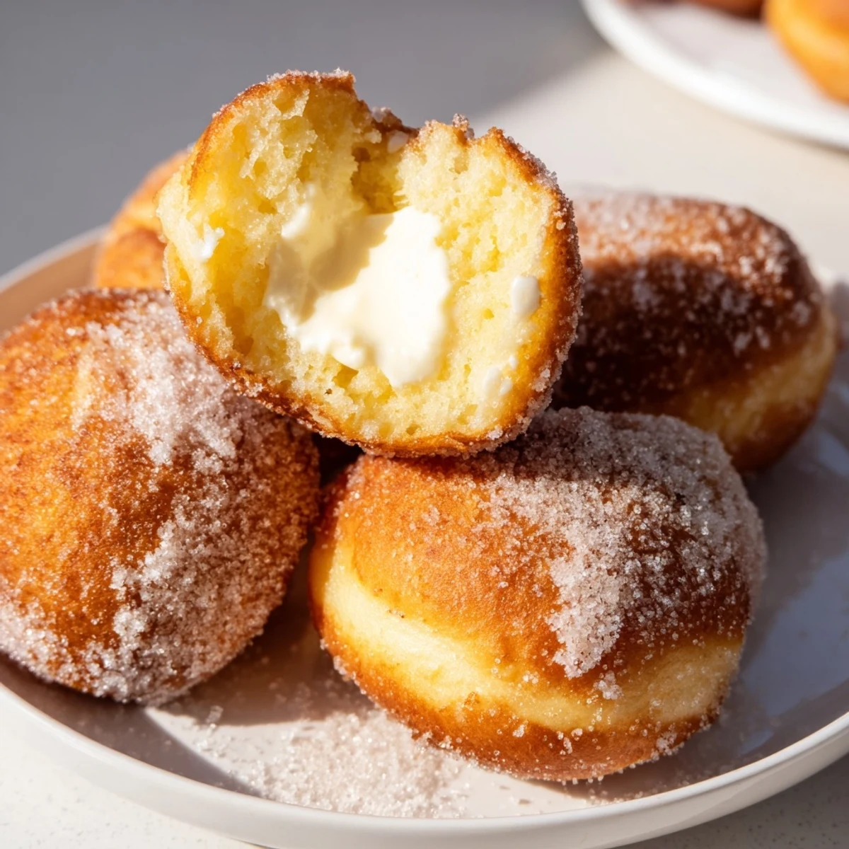 Fluffy cream-filled bomboloni alla crema arranged on wooden board with powdered sugar coating
