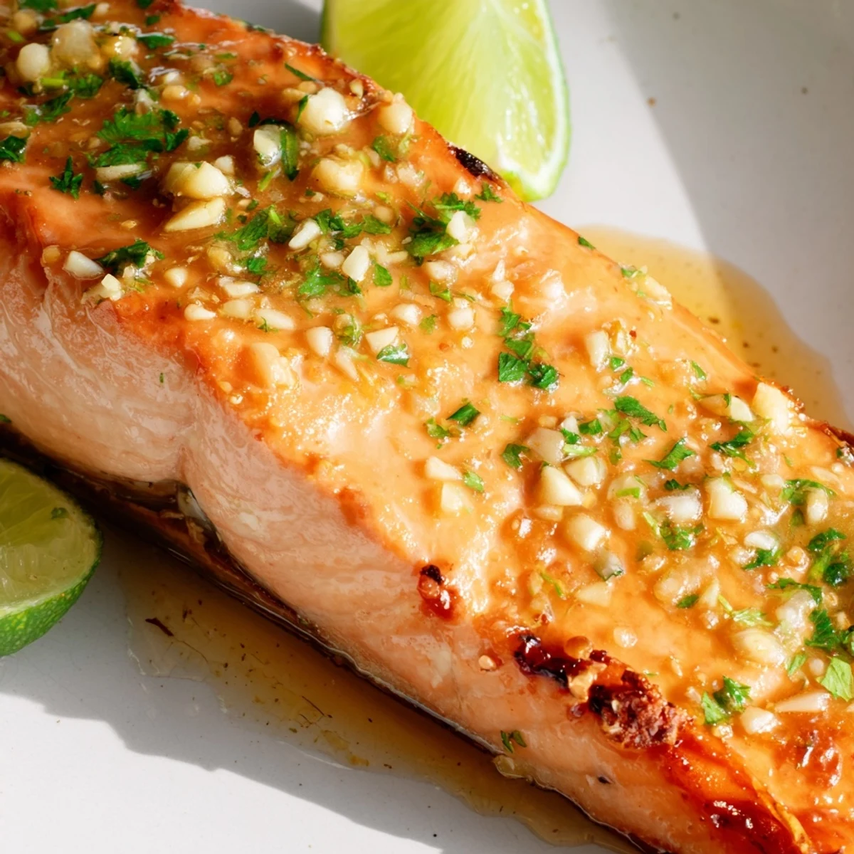 Golden brown honey lime garlic butter baked salmon fillet glazed with sweet tangy sauce