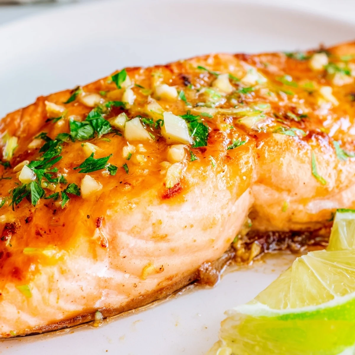Oven-roasted salmon topped with honey lime garlic butter sauce and fresh parsley garnish