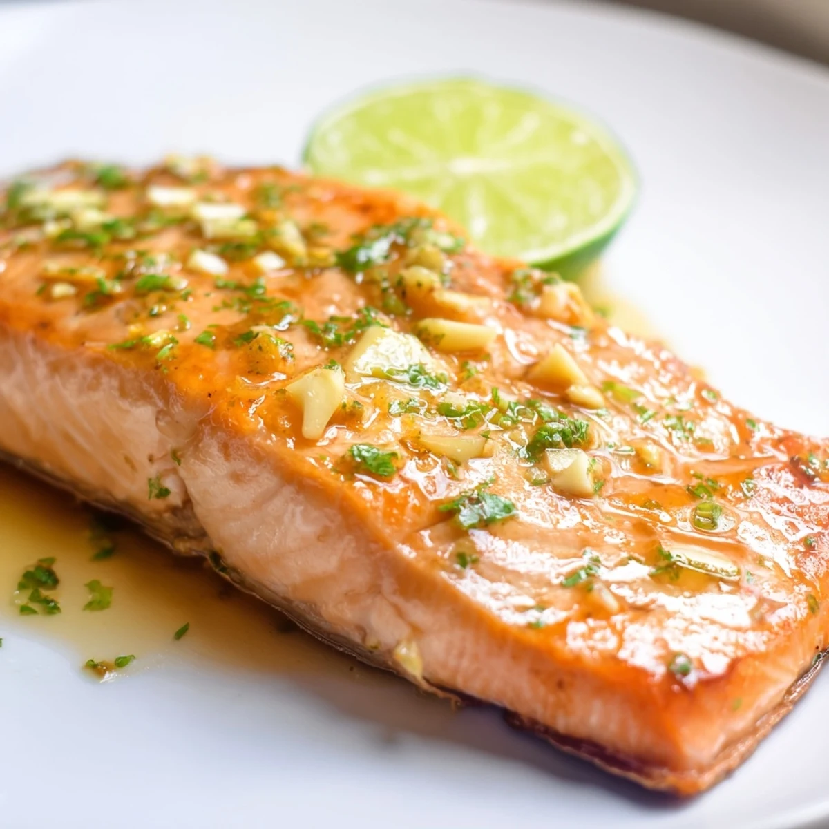 Flaky baked salmon drizzled with honey lime garlic butter on a white serving plate