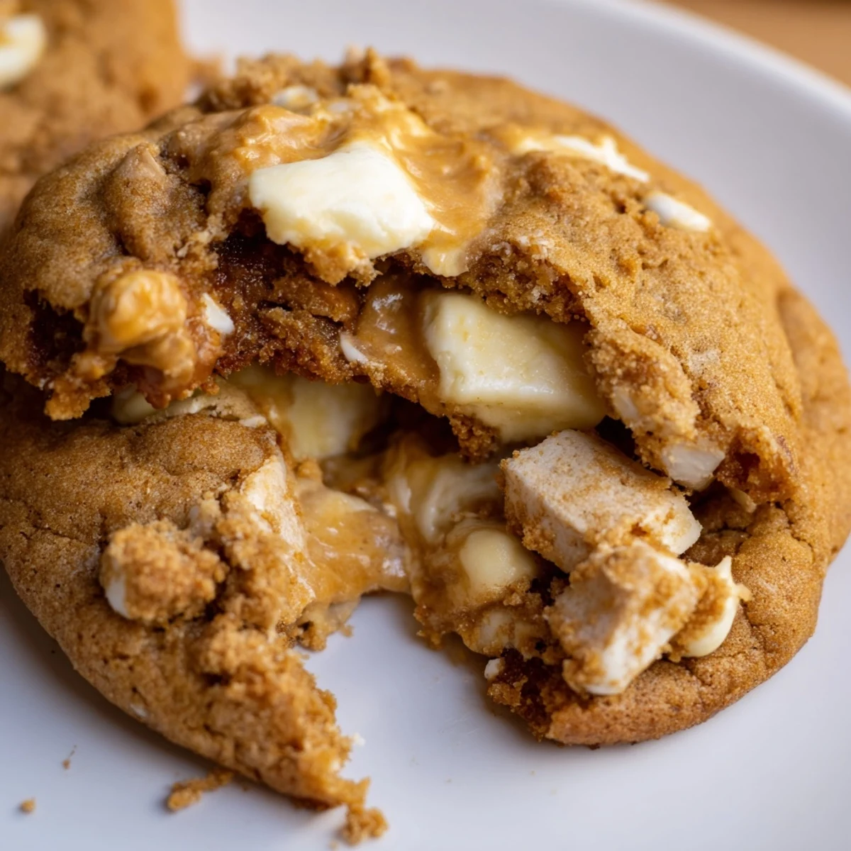 Warm Stuffed Biscoff Butter Lava Cookies with gooey centers and crushed white chocolate chips