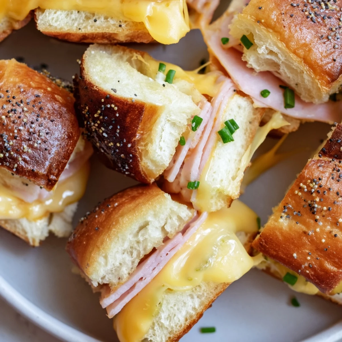 Golden mini Hawaiian roll sliders with melted cheddar and honey mustard glaze