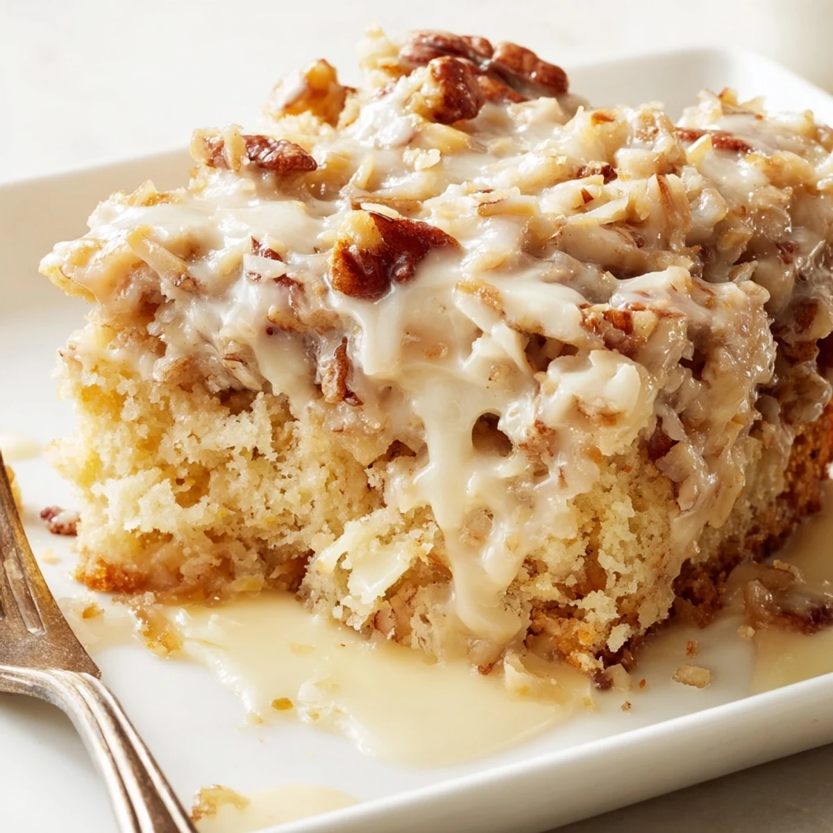 Slice of warm Texas Tornado Cake soaked in rich vanilla butter glaze