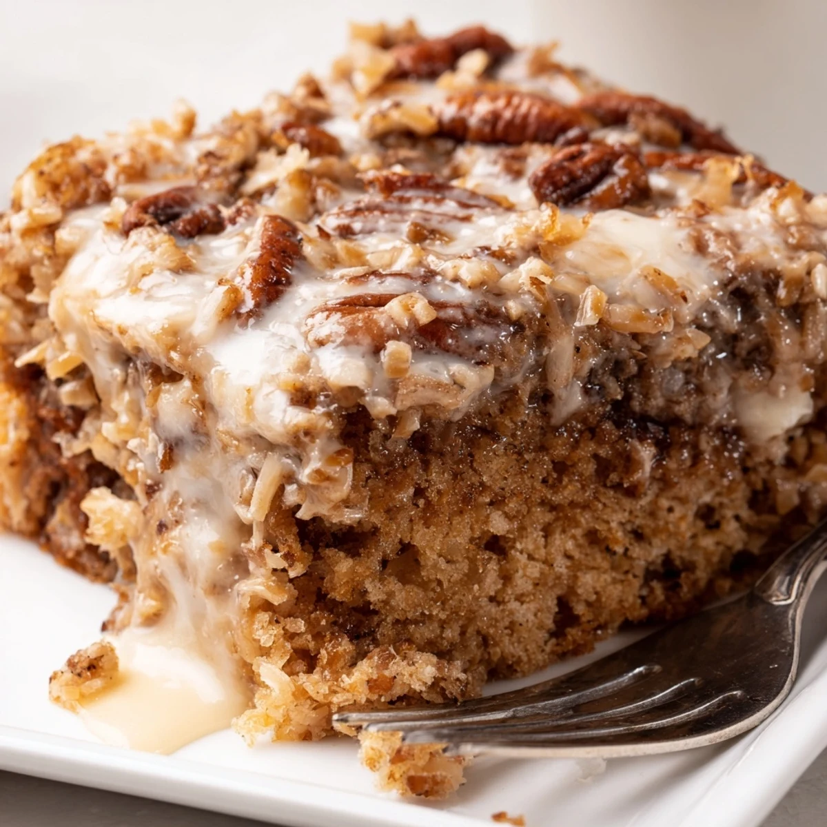 Moist Southern Texas Tornado Cake studded with pineapple chunks and shredded coconut