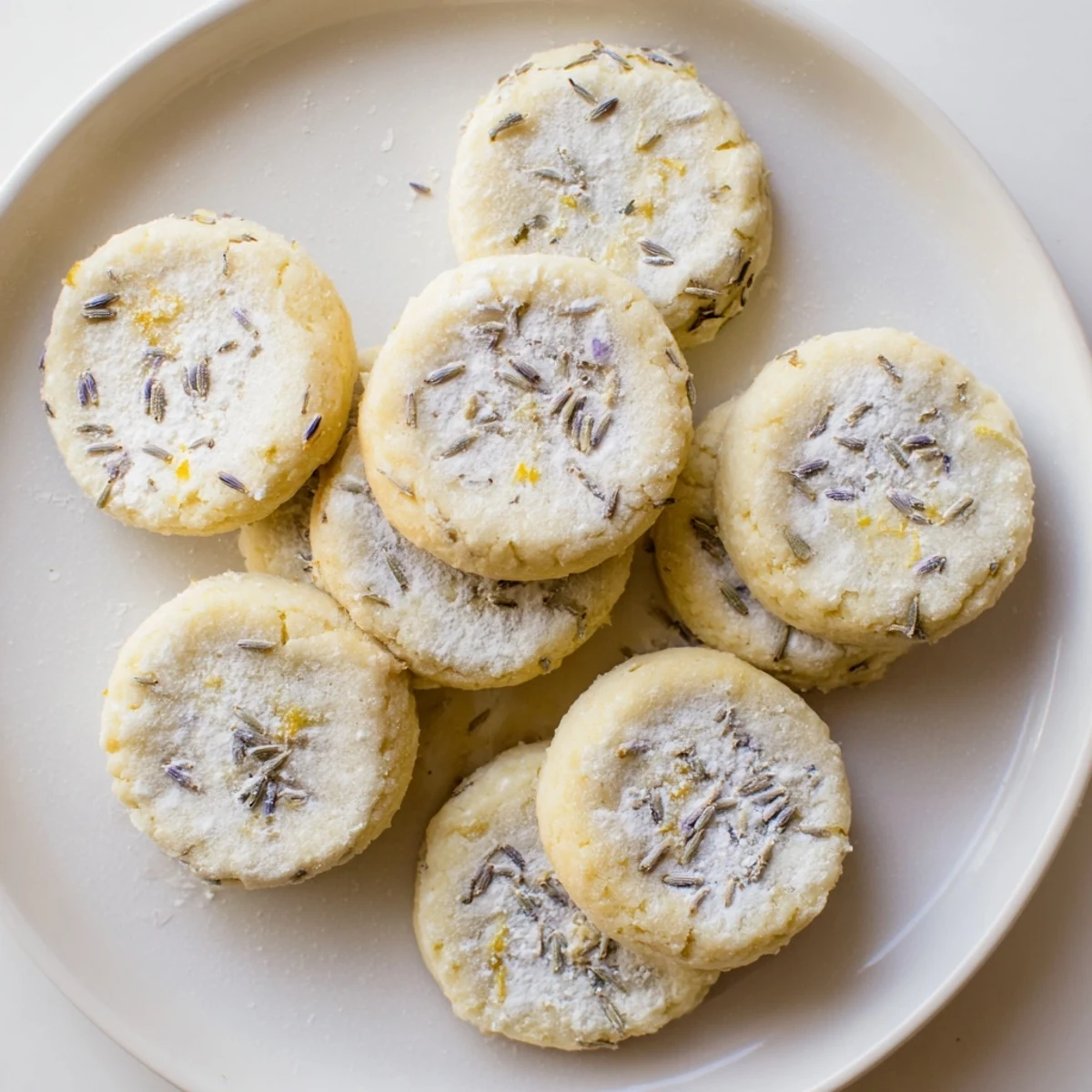 Soft baked lemon lavender cookies arranged on a wooden board next to a steaming cup of tea