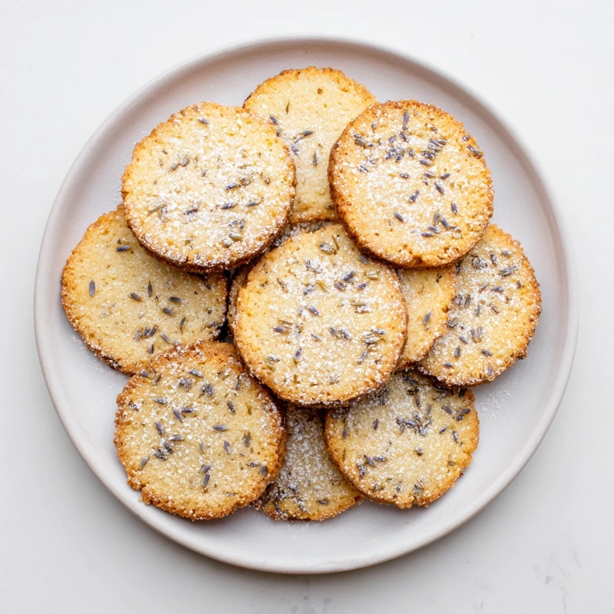 Golden lemon lavender cookies dusted with powdered sugar on a white serving plate