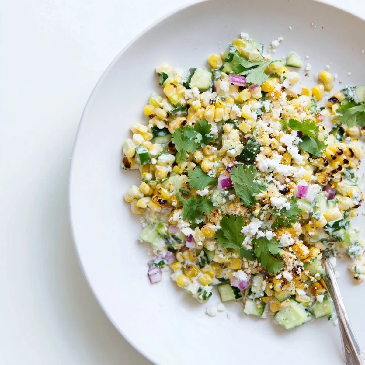 Vibrant street corn creamy cucumber salad featuring golden charred corn, crisp cucumbers, and tangy cotija cheese