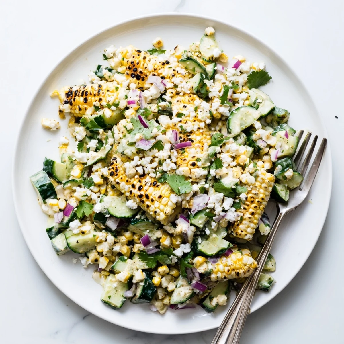 Refreshing Mexican street corn salad bowl with juicy corn kernels, diced cucumbers, and zesty lime dressing