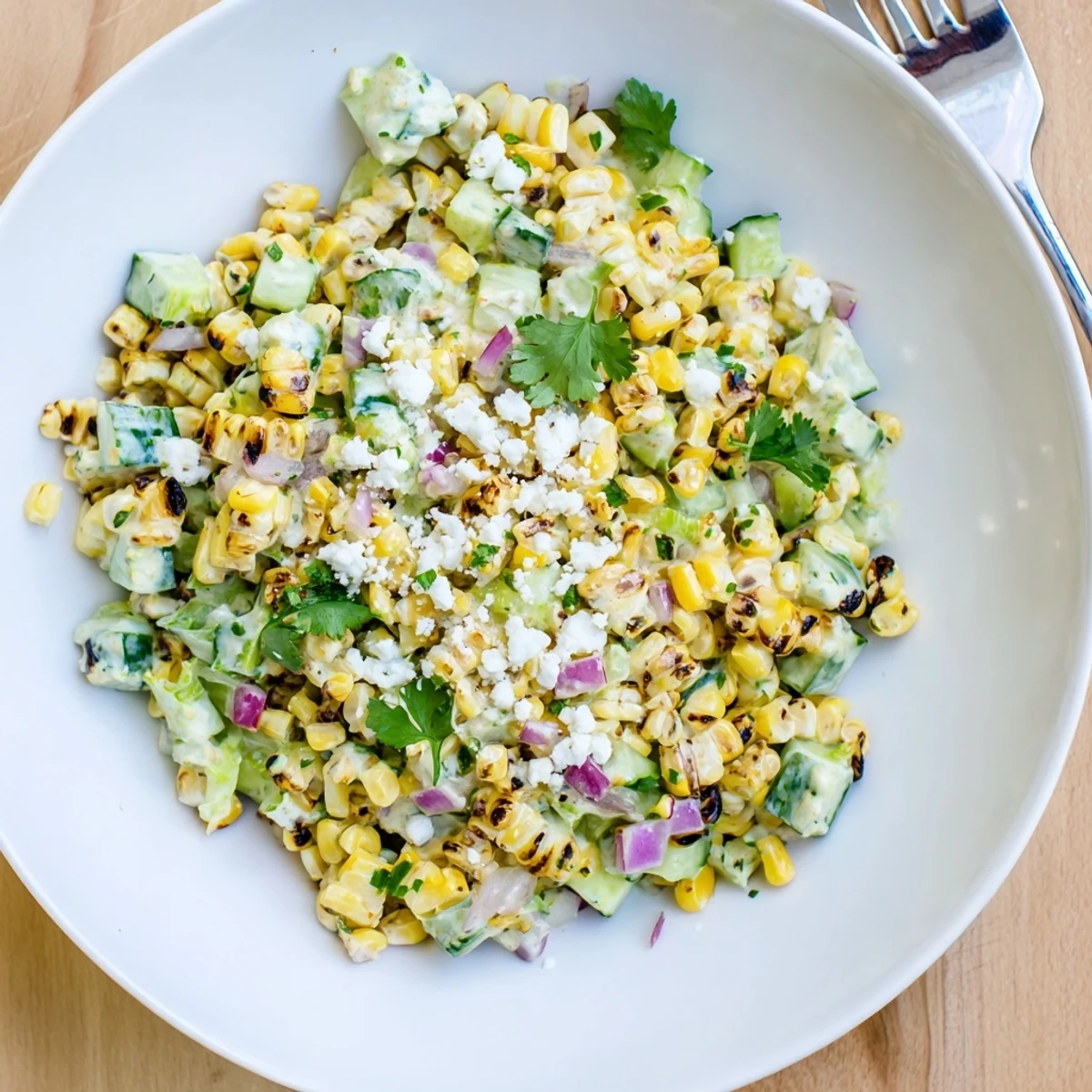 Creamy cucumber street corn salad topped with crumbled white cheese and fresh cilantro in a bright serving bowl