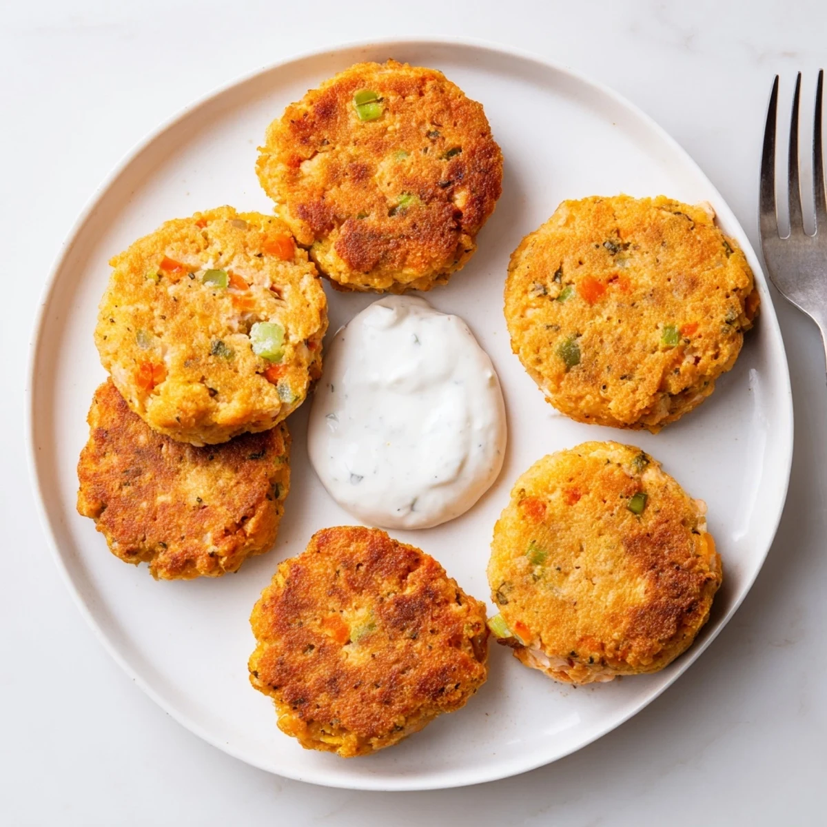 Golden brown Southern salmon croquettes served on a white plate with zesty remoulade dipping sauce