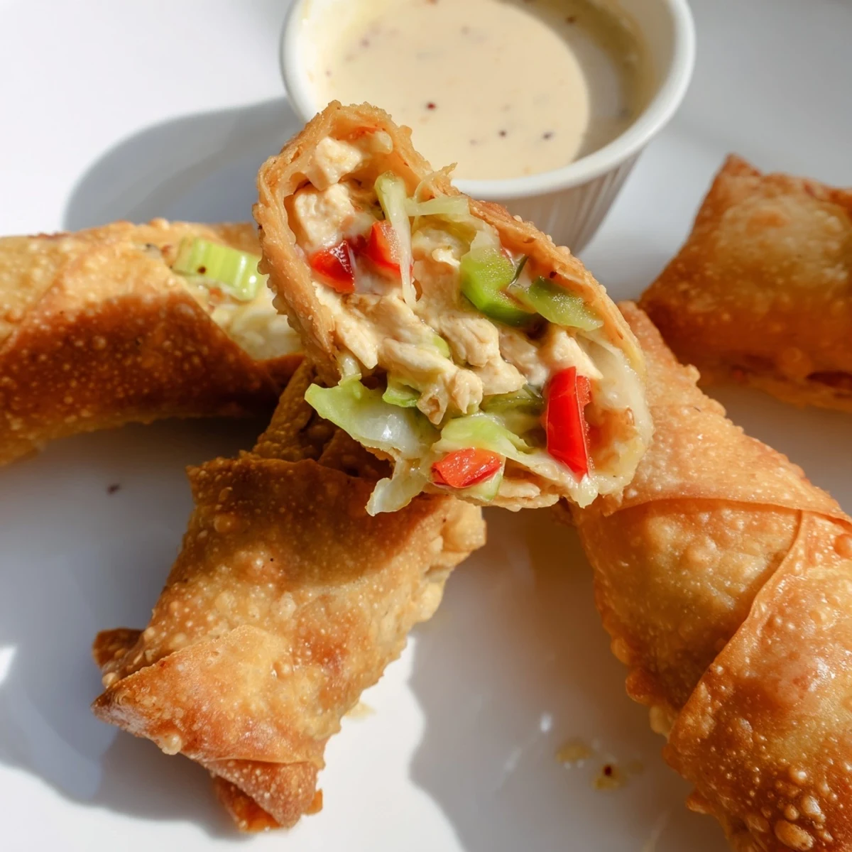 Crispy golden Voodoo egg rolls filled with seasoned Cajun chicken and colorful vegetables