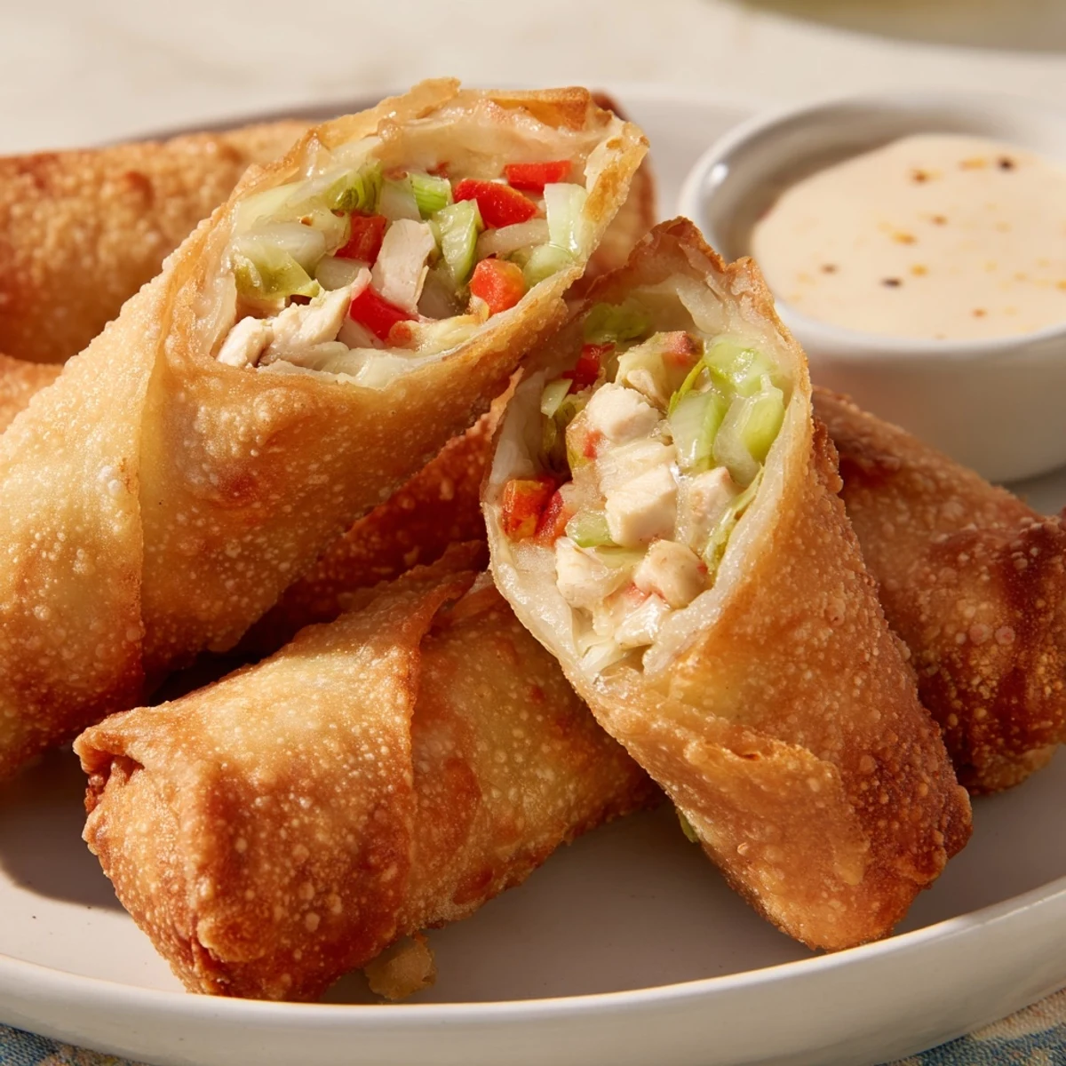 Golden fried Voodoo egg rolls served alongside zesty homemade dipping sauce on white plate