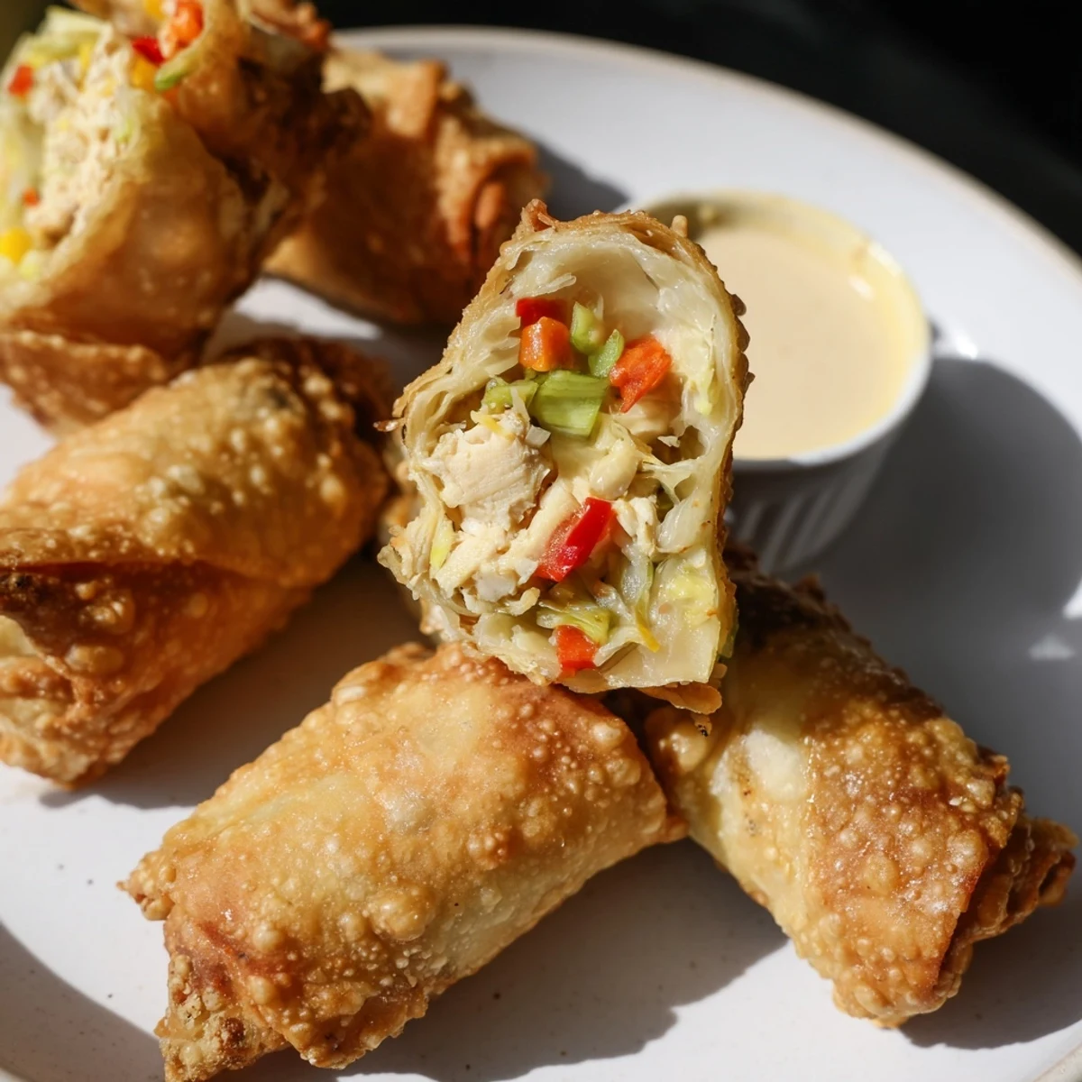 Plate of spicy Cajun chicken Voodoo egg rolls with fresh green onion garnish