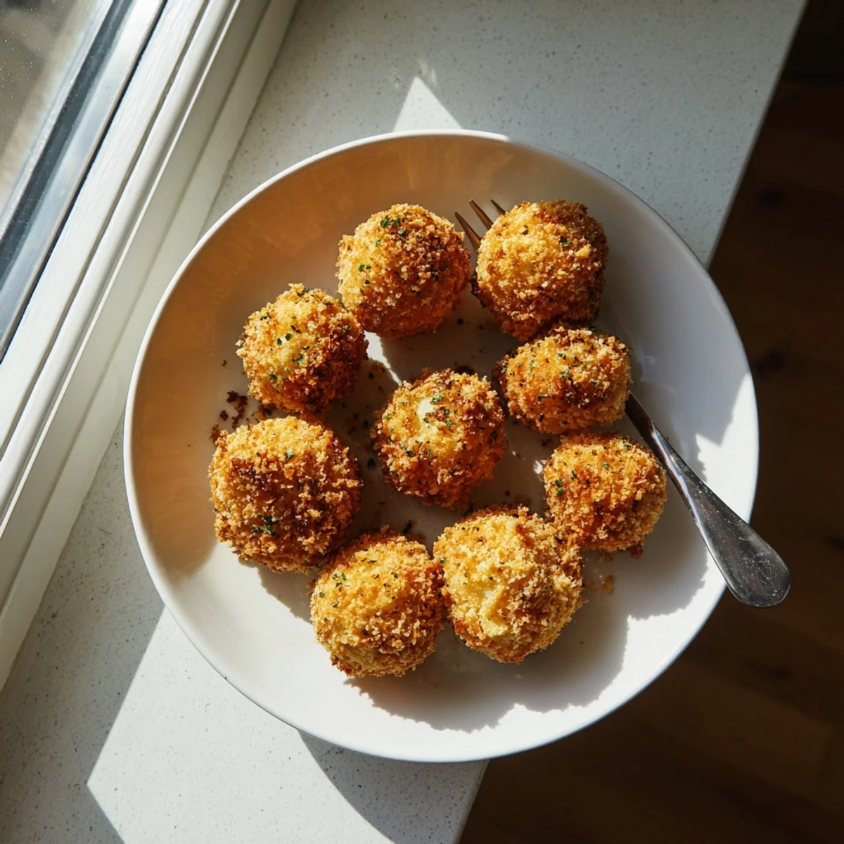 Breaded mozzarella cheese balls frying in hot oil with marinara dipping sauce on the side