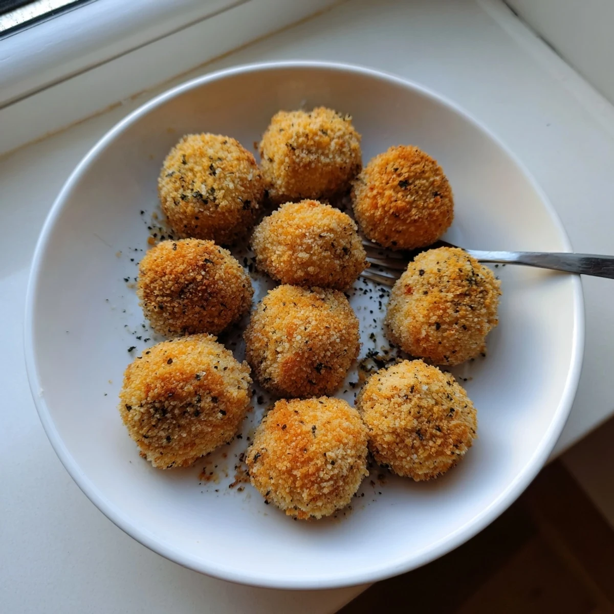 Plate of homemade mozzarella cheese balls featuring panko crunch and gooey Italian cheese inside