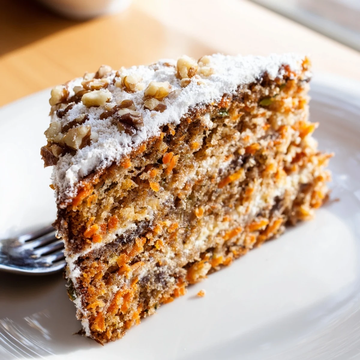 Slice of tender Greek yogurt carrot cake topped with powdered sugar on a white serving plate