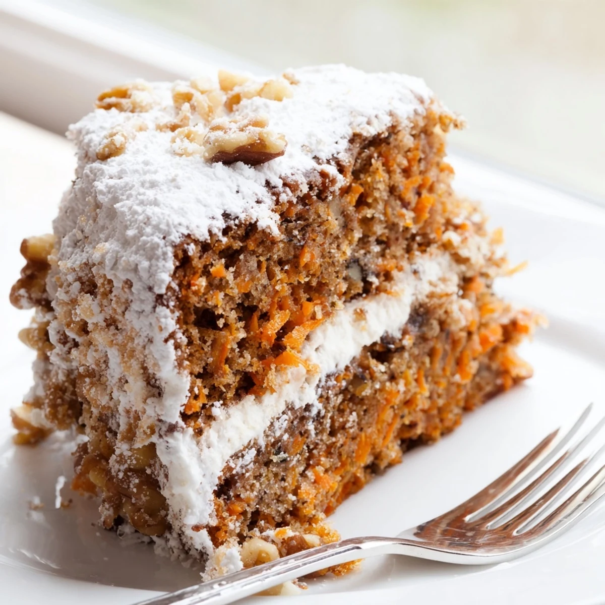Moist Greek yogurt carrot cake with grated carrots and warm cinnamon spices baked to golden perfection