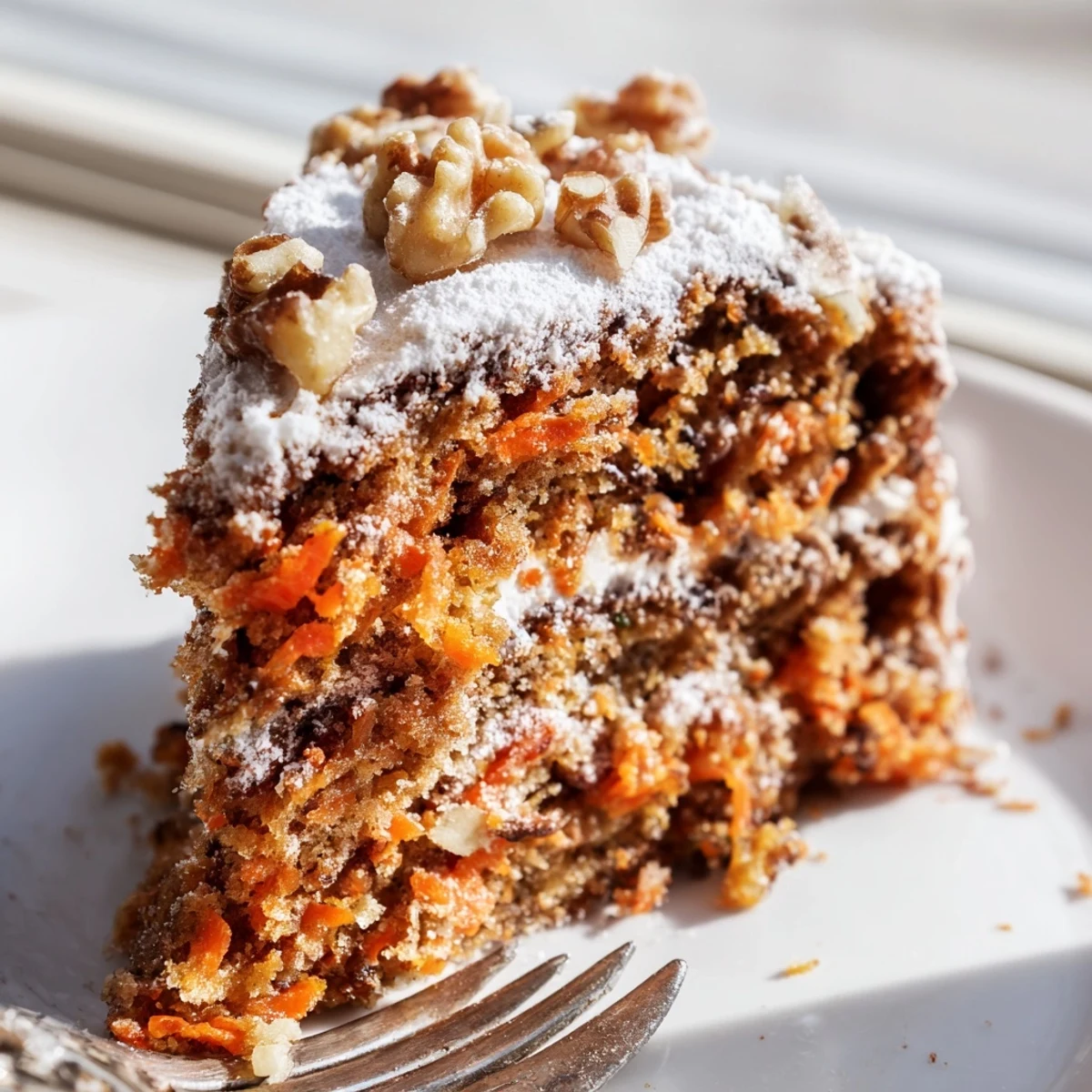 One bowl Greek yogurt carrot cake featuring fluffy texture and chopped walnuts on a wooden cutting board